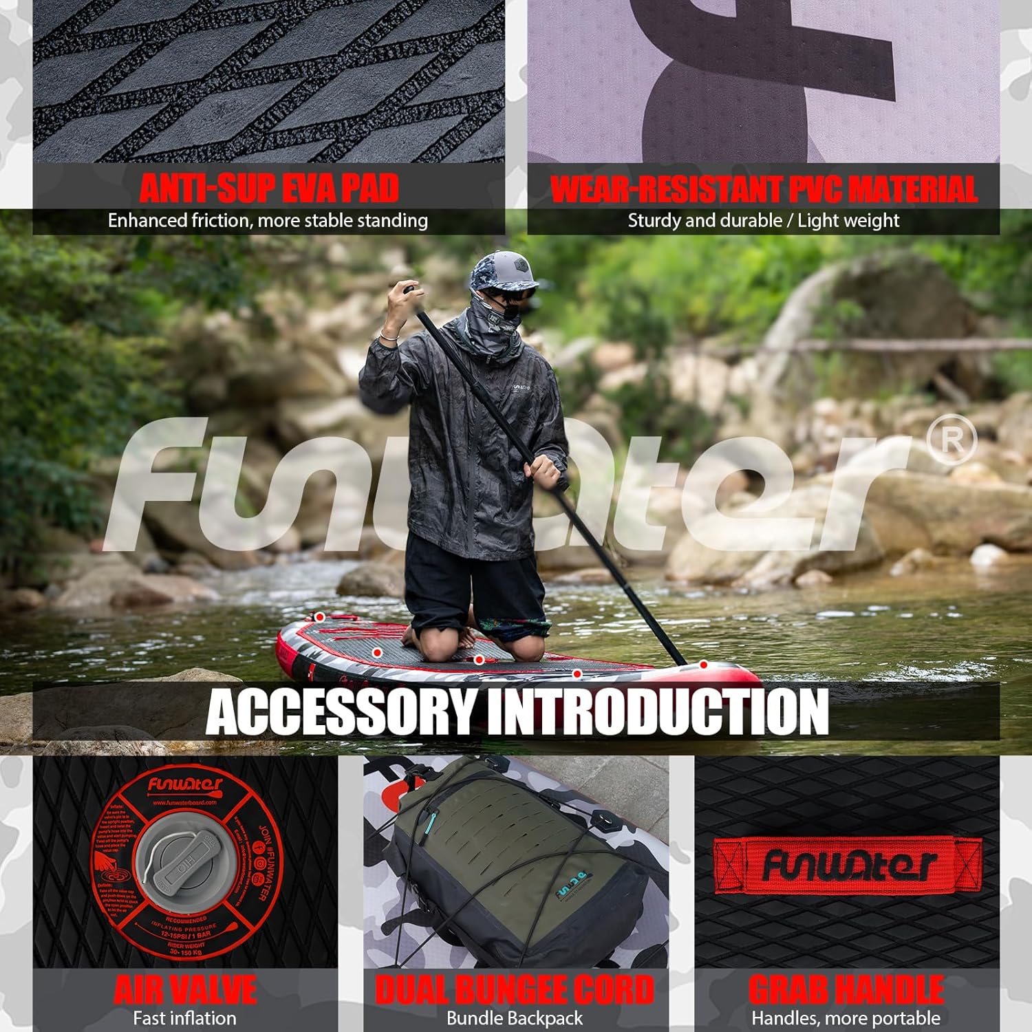 Planche de stand up paddle gonflable FunWater avec accessoires de pagaie SUP haut de gamme, pont EVA antidérapant, pagaie 11'/10'6'