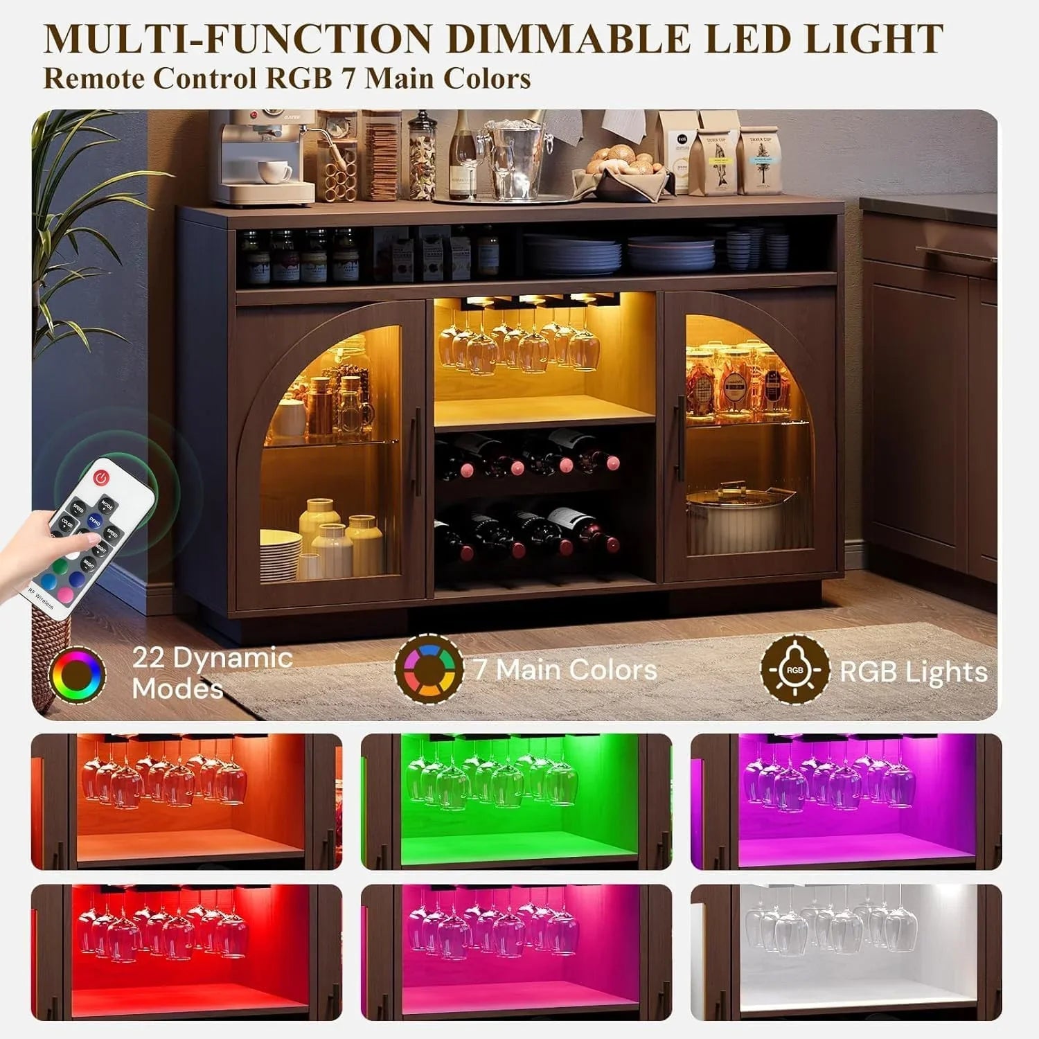 Buffet, armoire de cuisine de 54 pouces avec lumières LED et portes en verre cintrées, armoire de bar haute