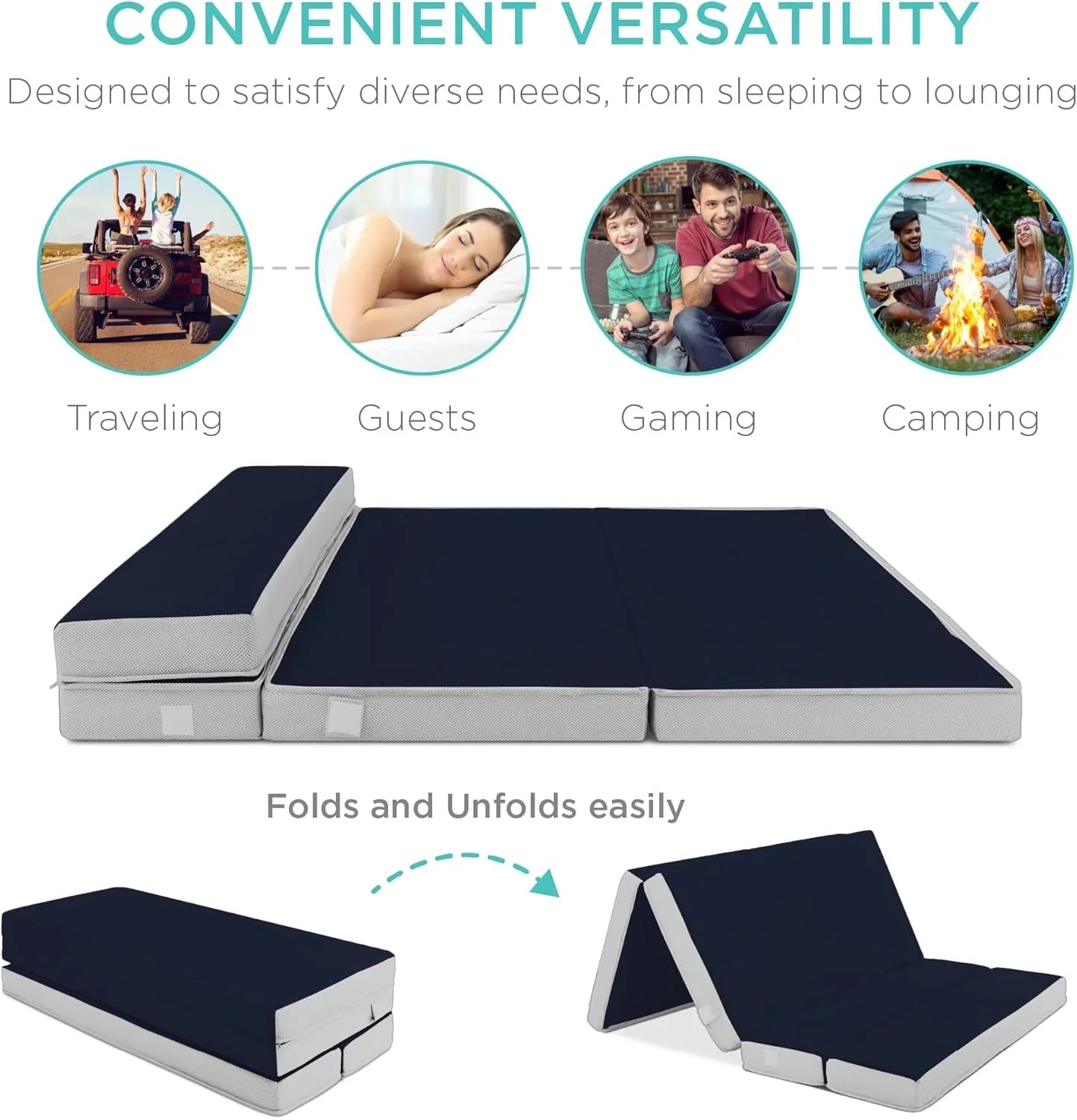Matelas Queen Size portable de 4 pouces, matelas pliable en trois parties pour camping, invités et tout-petits