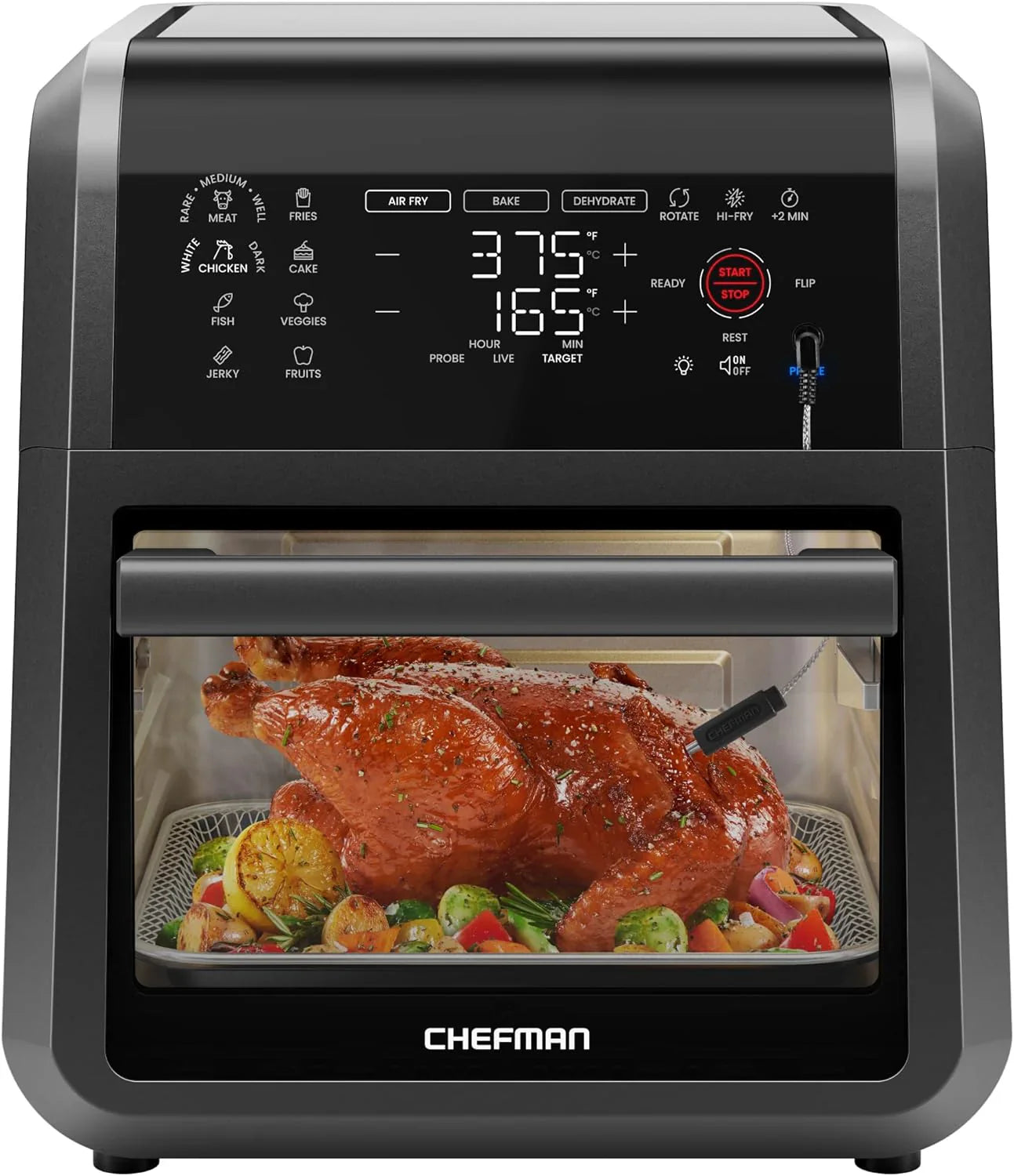 Friteuse à air CHEFMAN 12 pintes avec thermomètre de cuisson intelligent intégré, 28 préréglages à écran tactile, gril, déshydrateur et four