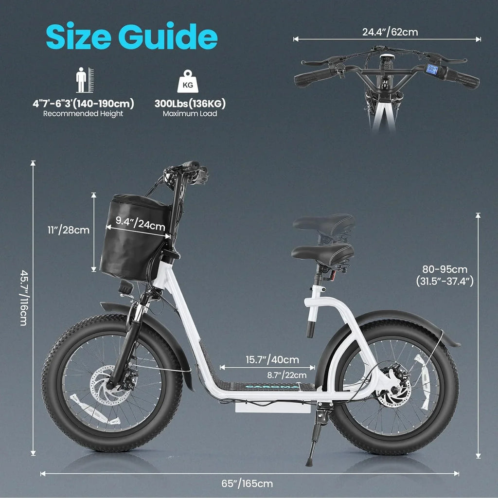 Trottinette électrique pliable Caroma Peak 800 W pour adulte avec pneus de 20 pouces de large, batterie 48 V, panier et siège réglable.