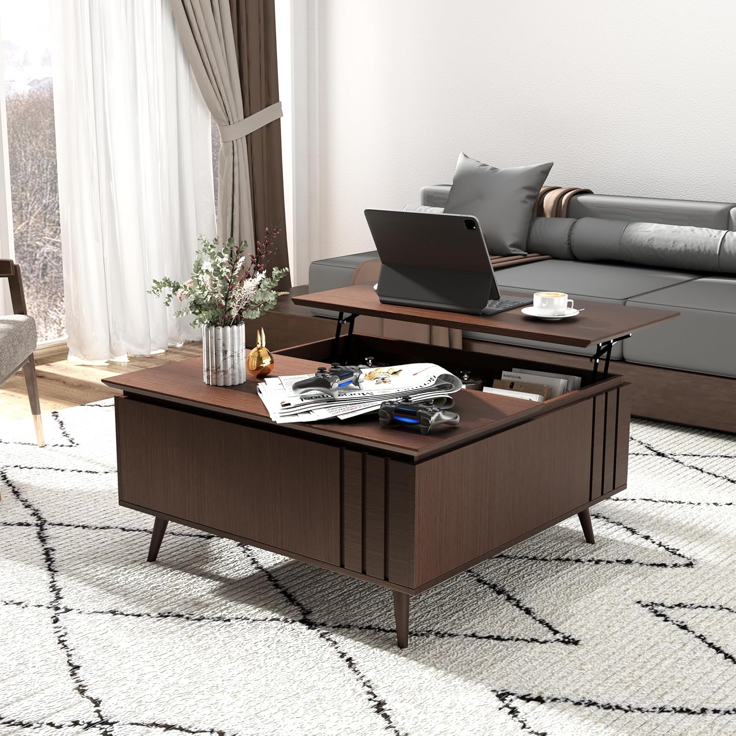 Table basse ronde avec rangement, table centrale encastrée avec portes coulissantes