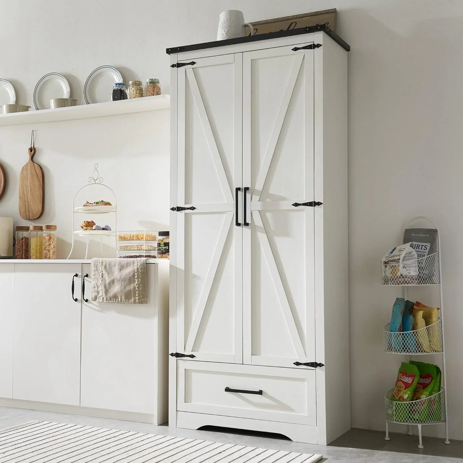 Garde-manger de cuisine de style ferme JXQTLINGMU - Armoire de rangement de cuisine en bois de 72 po de hauteur avec étagères réglables et 2 portes et tiroirs de style grange