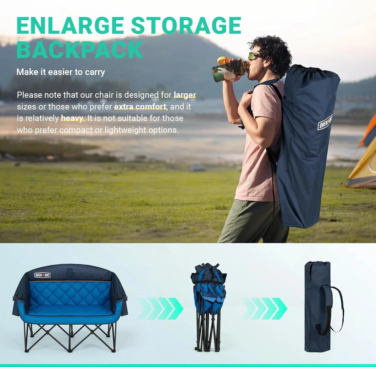 Chaise de camping double extra large - Canapé confortable pour 2 personnes, causeuse pour adulte - Chaise de jardin robuste