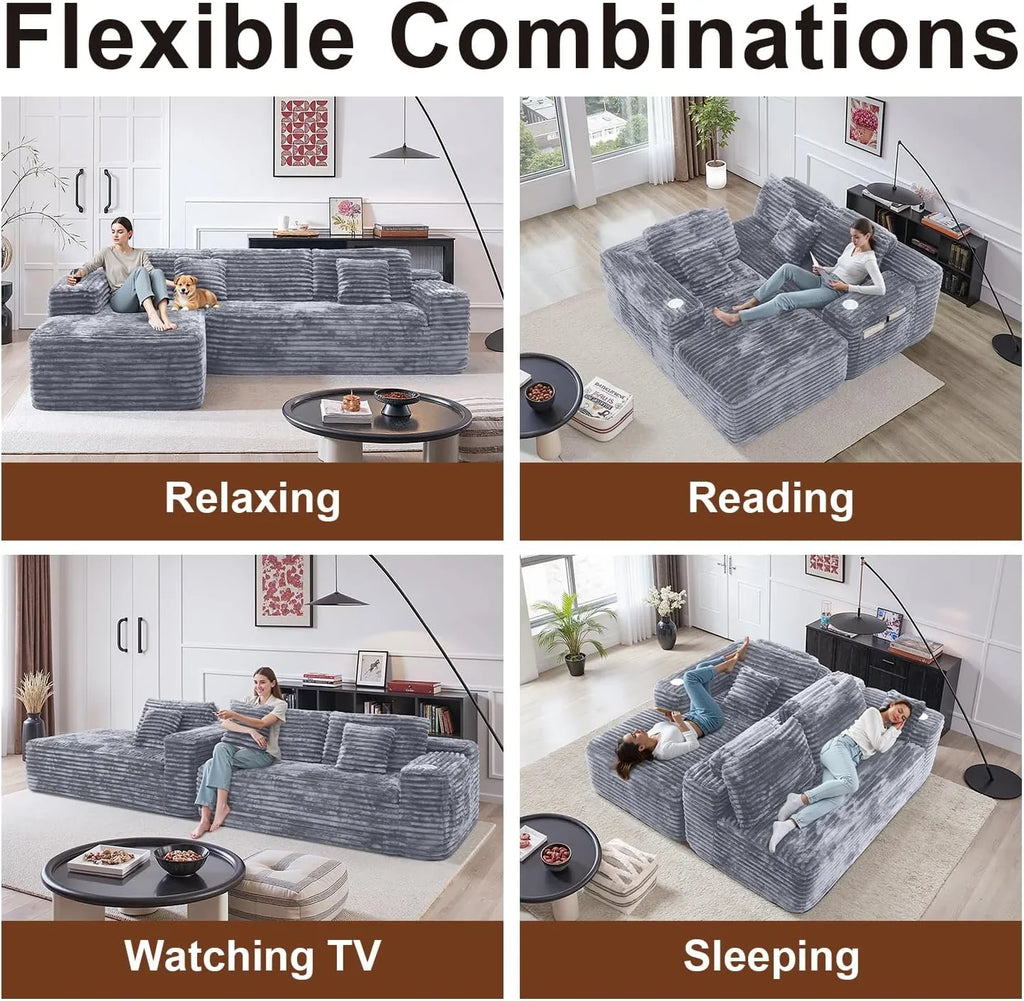 Canapé sectionnel Cloud avec méridienne en L, canapé modulaire moderne avec assise profonde, porte-gobelet intégré et poche de rangement