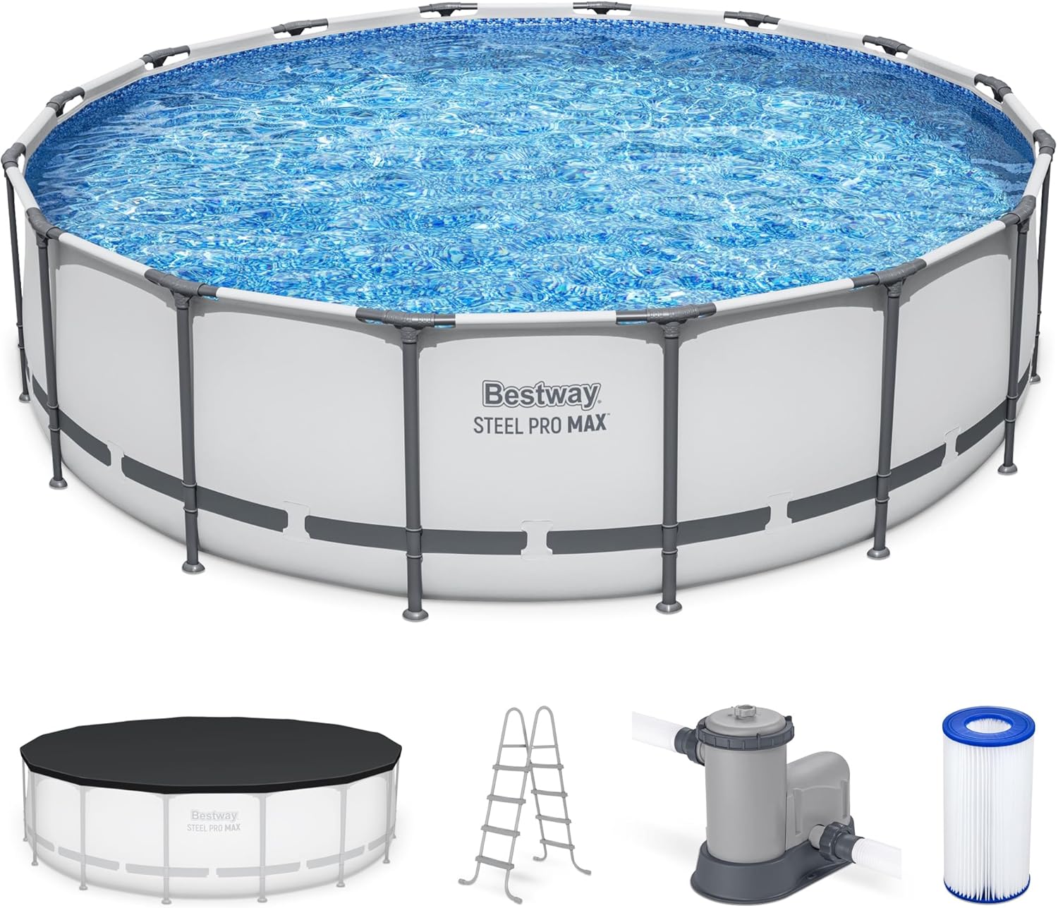Piscine hors sol extérieure ronde Steel Pro MAX de 4,2 m x 122 cm avec cadre métallique et pompe de filtration de 1 000 litres, échelle et bâche