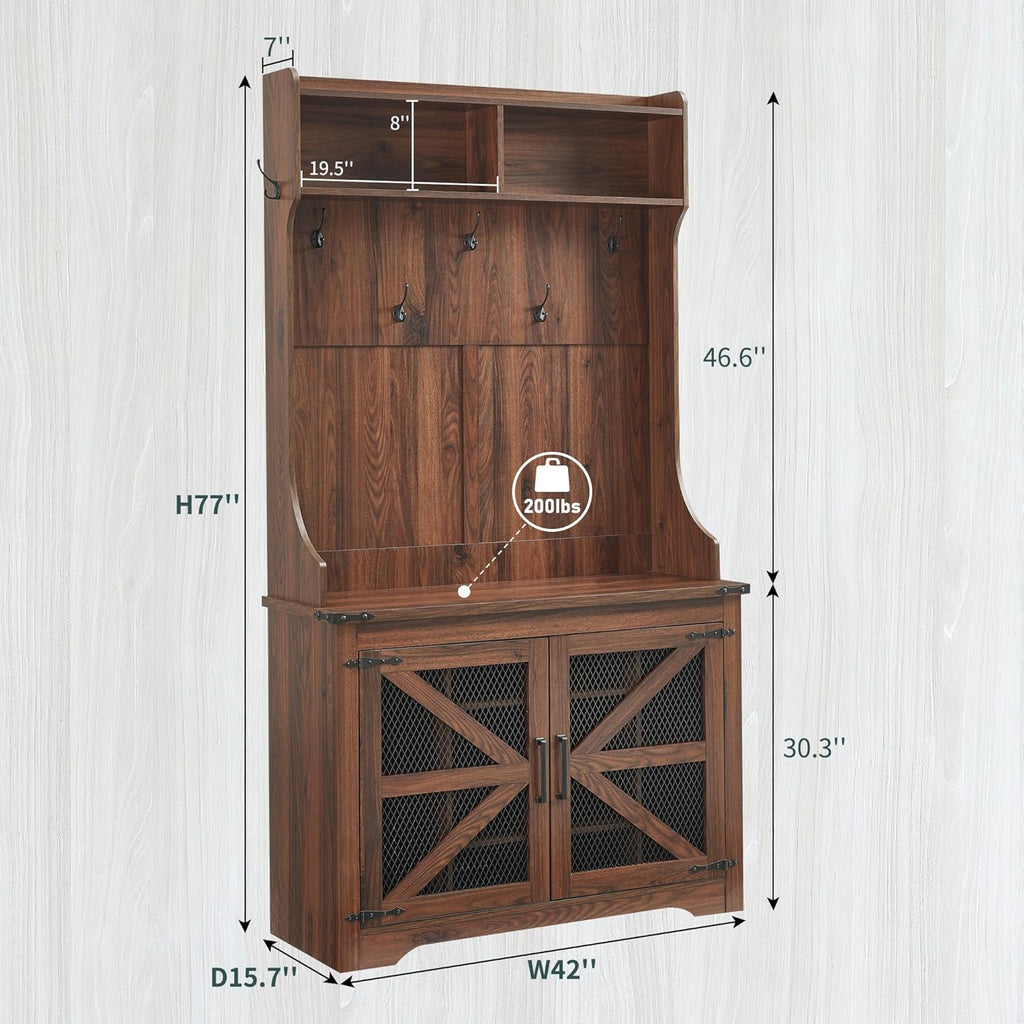 JXQTLINGMU Arbre de foyer de ferme de 59 pouces avec rangement pour chaussures, banc d'entrée, porte-manteau, armoire