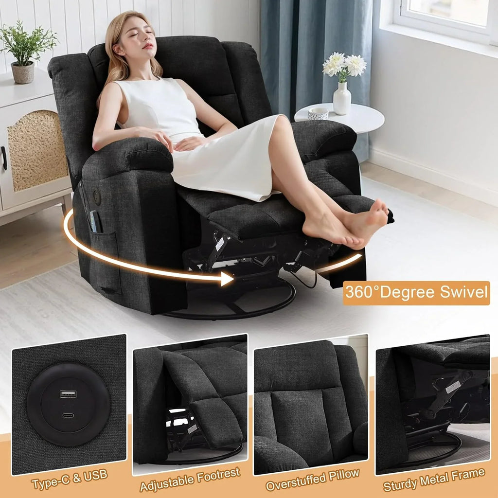 Fauteuil à bascule pour adulte, fauteuil inclinable coulissant, fauteuil à bascule rotatif à 360° avec fonction massage et chauffage