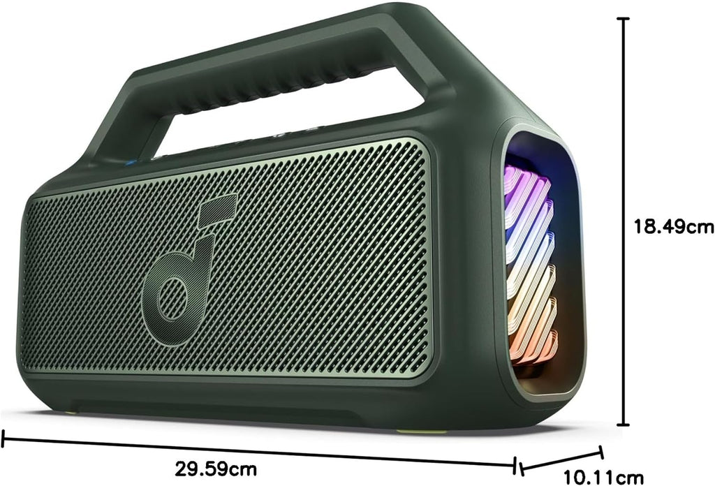 Enceinte d'extérieur, 80 W, caisson de basses, BassUp 2.0, autonomie de 24 heures, étanchéité IPX7, flotte, lumières RVB, USB-C
