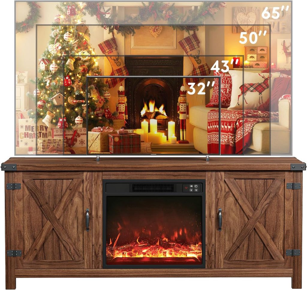 YESHOMY Meuble TV avec cheminée et deux portes de grange, armoires de rangement pour téléviseurs jusqu'à 65 pouces et plus, console de divertissement, meuble multimédia pour salon, 58 pouces