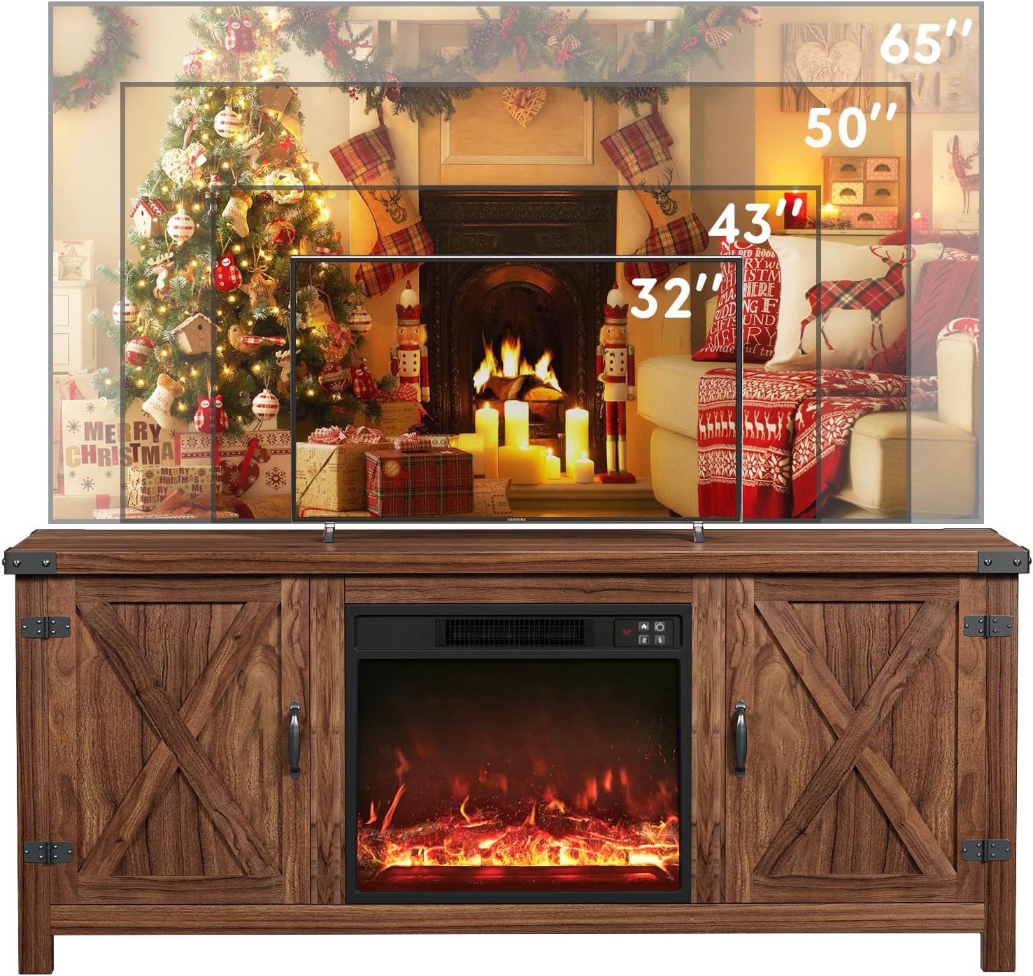 YESHOMY Meuble TV avec cheminée et deux portes de grange, armoires de rangement pour téléviseurs jusqu'à 65 pouces et plus, console de divertissement, meuble multimédia pour salon, 58 pouces