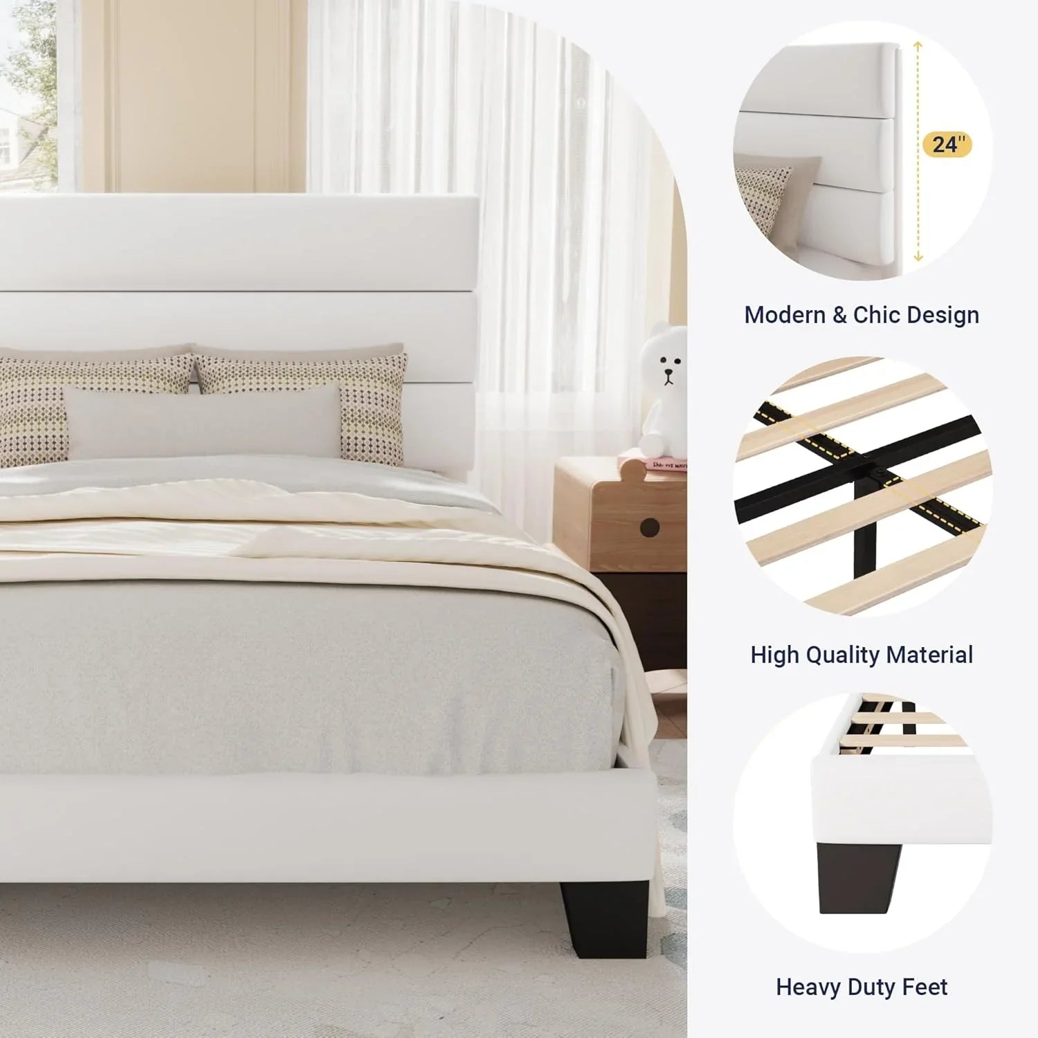 Cadre de lit plateforme Allewie Queen Size avec tête de lit rembourrée en tissu et support à lattes en bois, sommier entièrement rembourré (pas besoin de sommier)