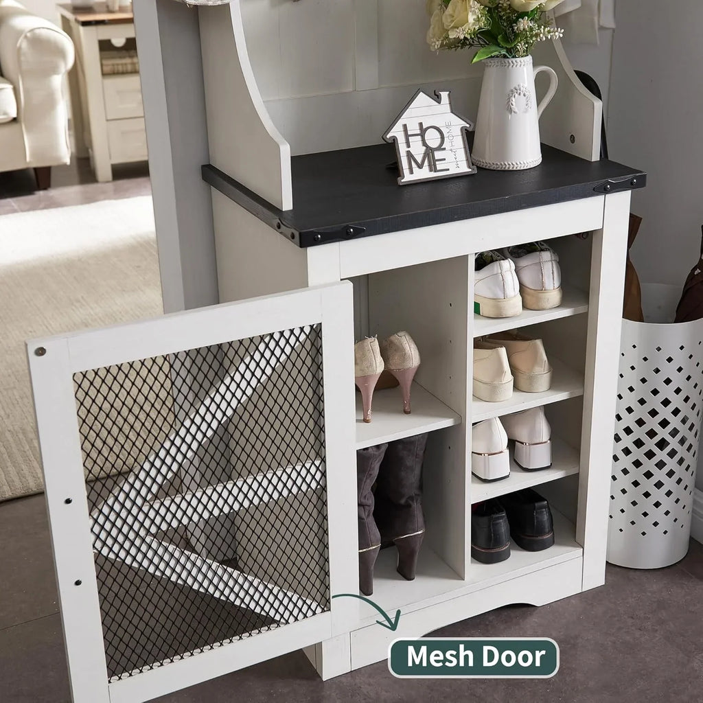 JXQTLINGMU Arbre de foyer de ferme de 59 pouces avec rangement pour chaussures, banc d'entrée, porte-manteau, armoire