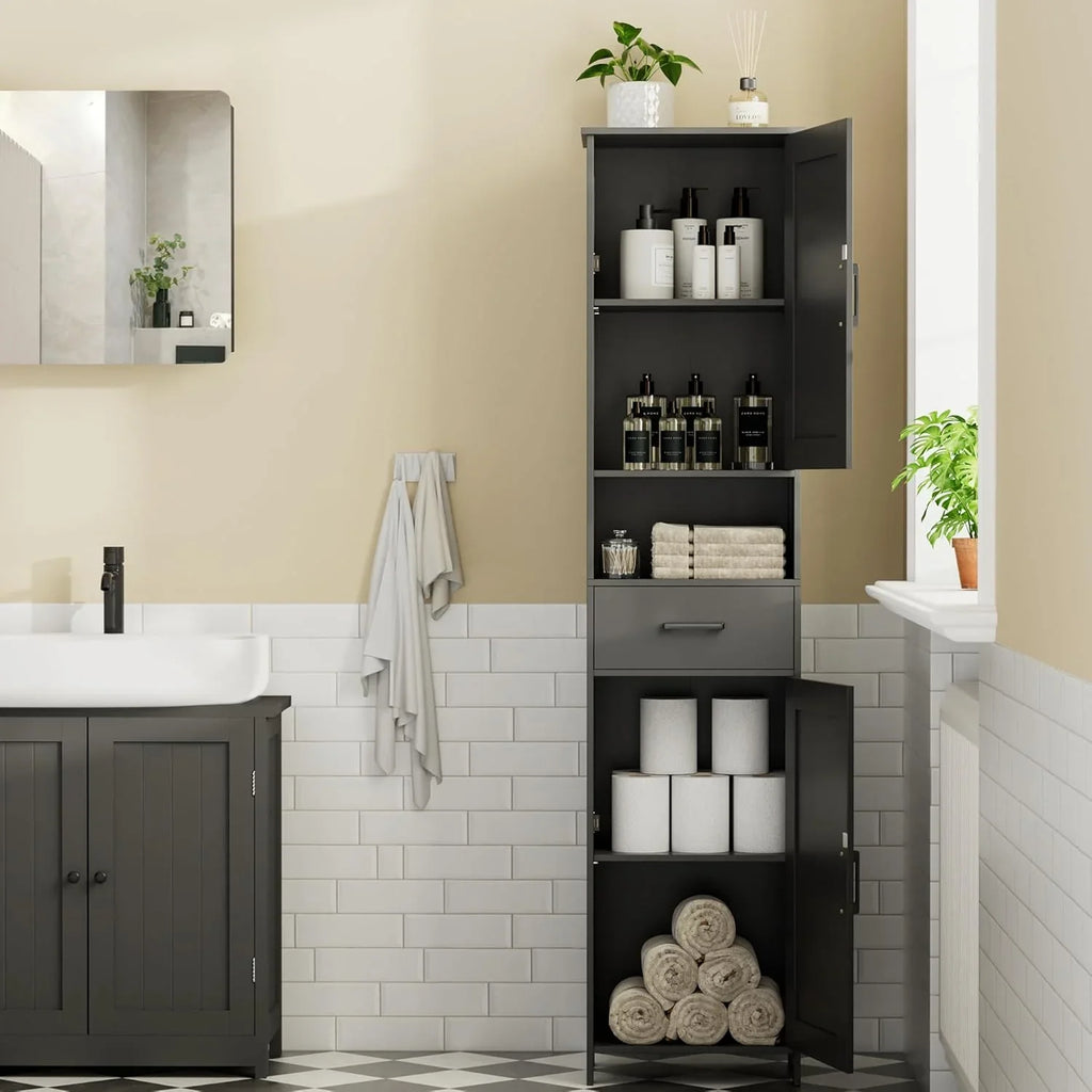 Meuble de rangement de salle de bain Homhedy de 67 po de hauteur avec 2 portes de grange et 1 tiroir