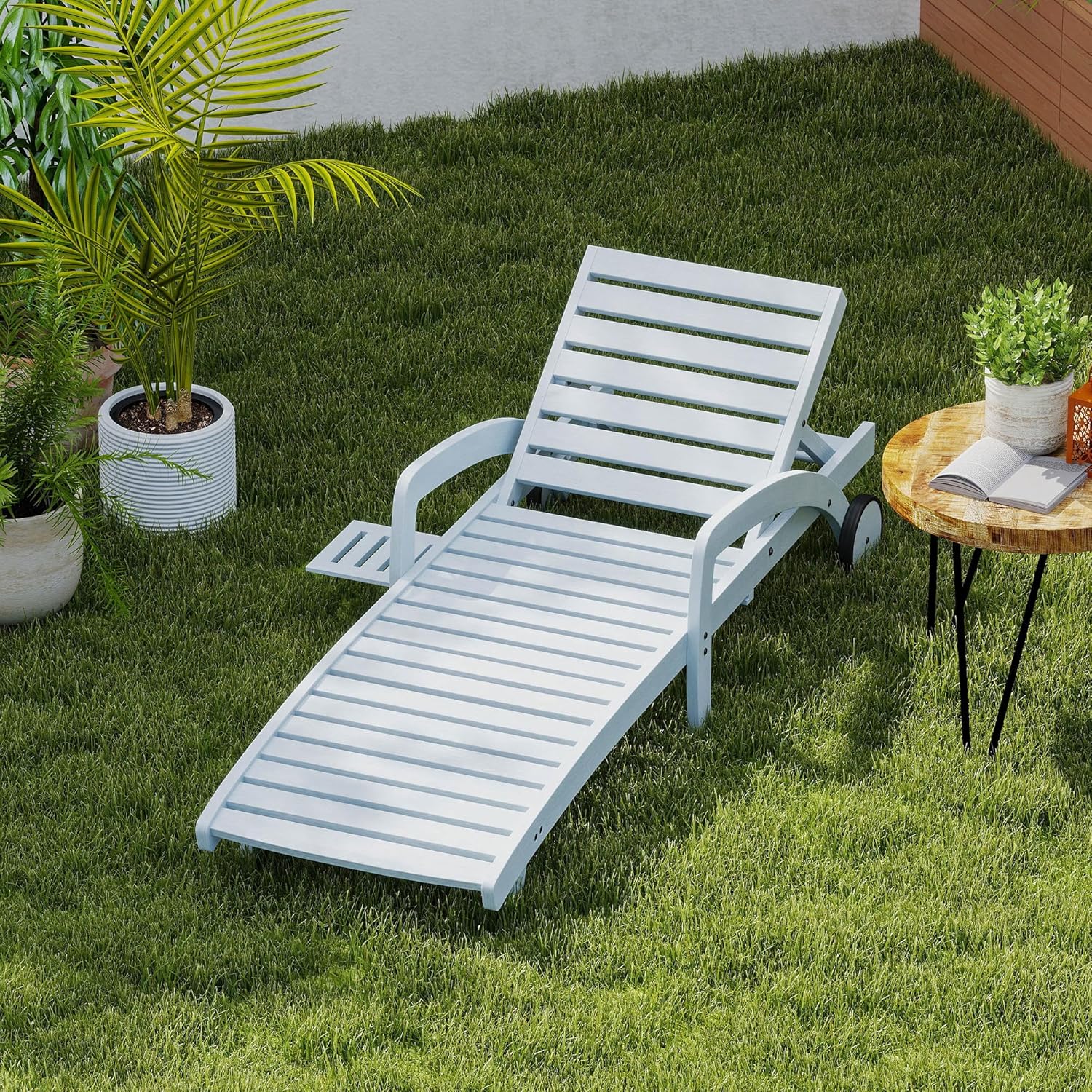 Chaise longue de piscine réglable à 5 positions Chaise longue en bois avec table d'appoint coulissante