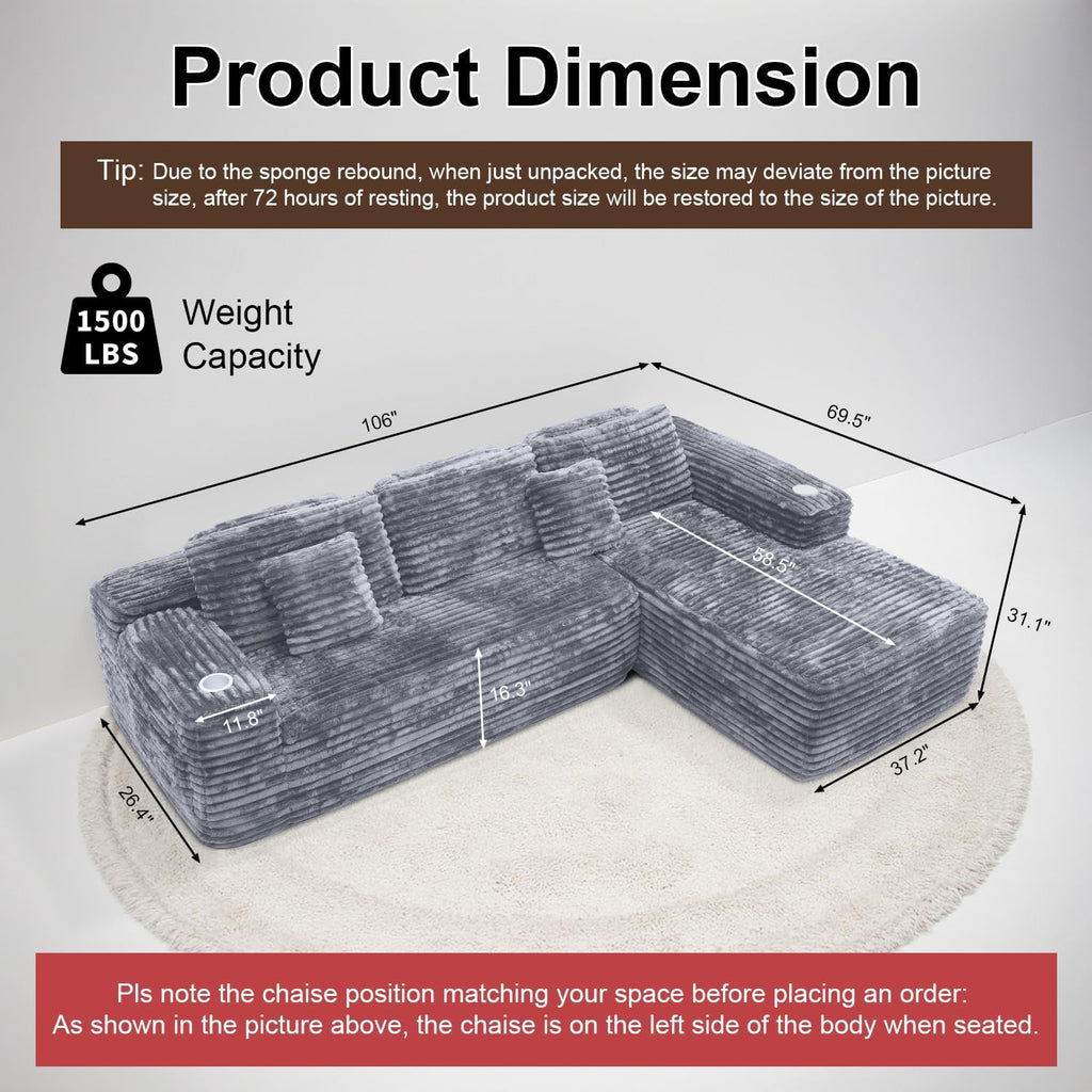 Cloud section sofa with L-shaped recliner, modern modular sofa, built-in cup holder