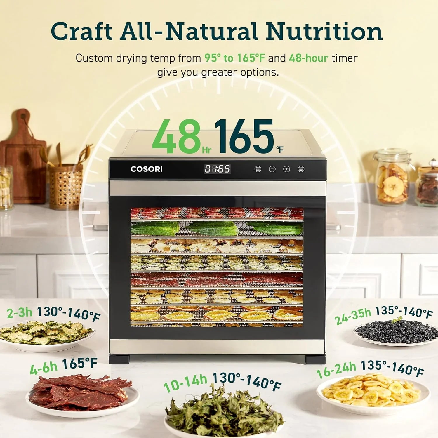 Déshydrateur alimentaire COSORI, plus grand que 7 plateaux avec un grand espace de séchage de 6,5 pouces, puissance de 600 W, gain de temps supérieur à 480 W, déshydrateur à 74 °C