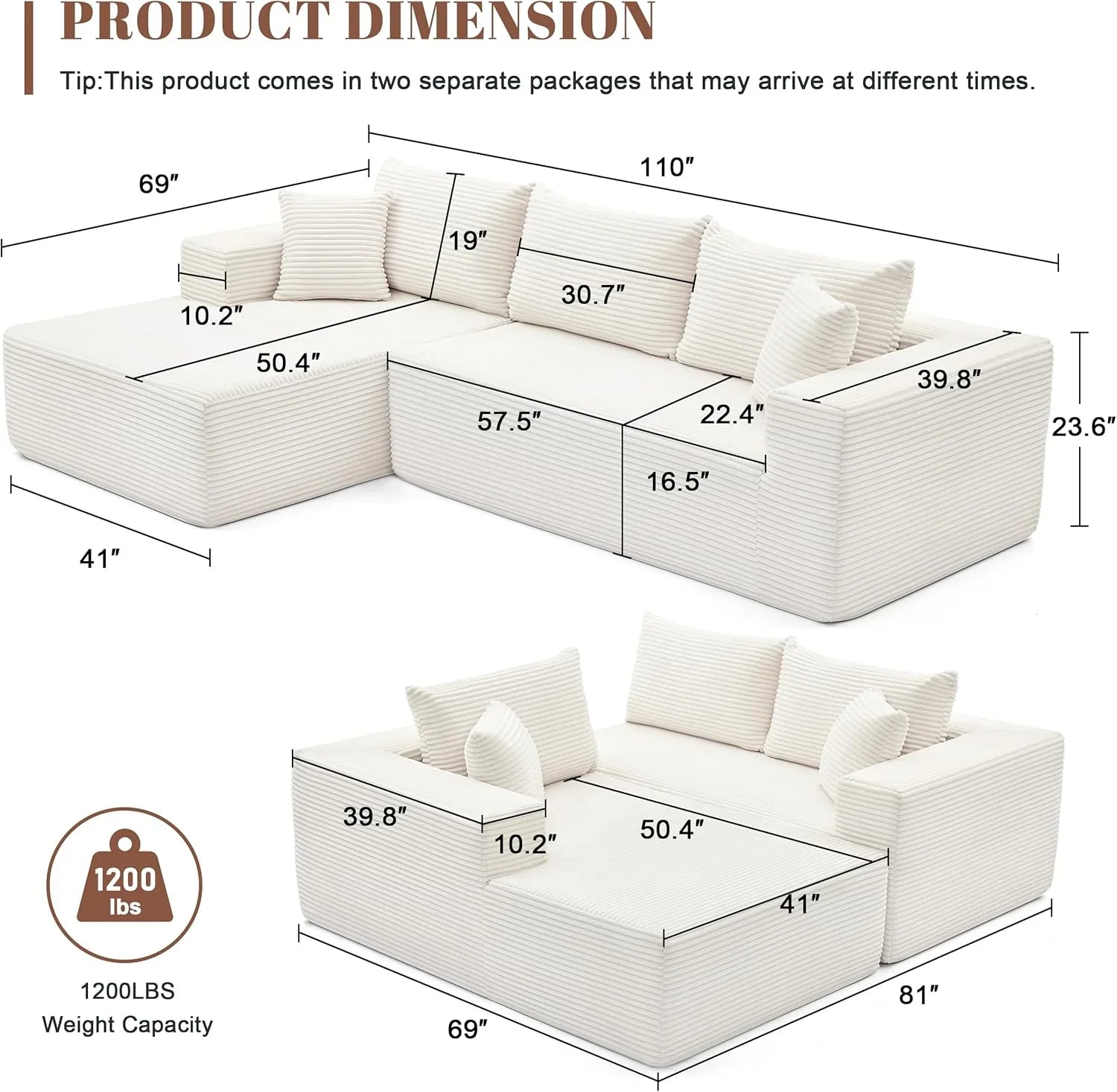 Canapé nuage de 110 pouces, canapé désossé dans le salon, canapé modulable avec sièges profonds