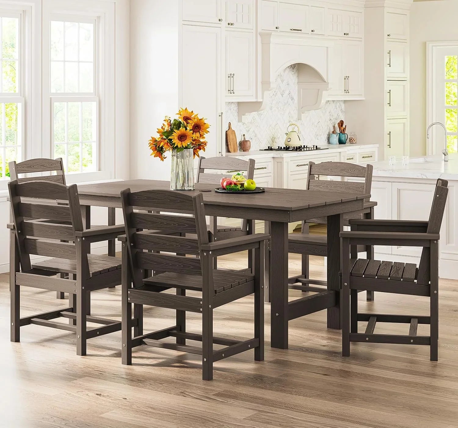 Ensemble de salle à manger d'extérieur en PEHD, 7 pièces, avec table découpée pour parasol et 6 chaises