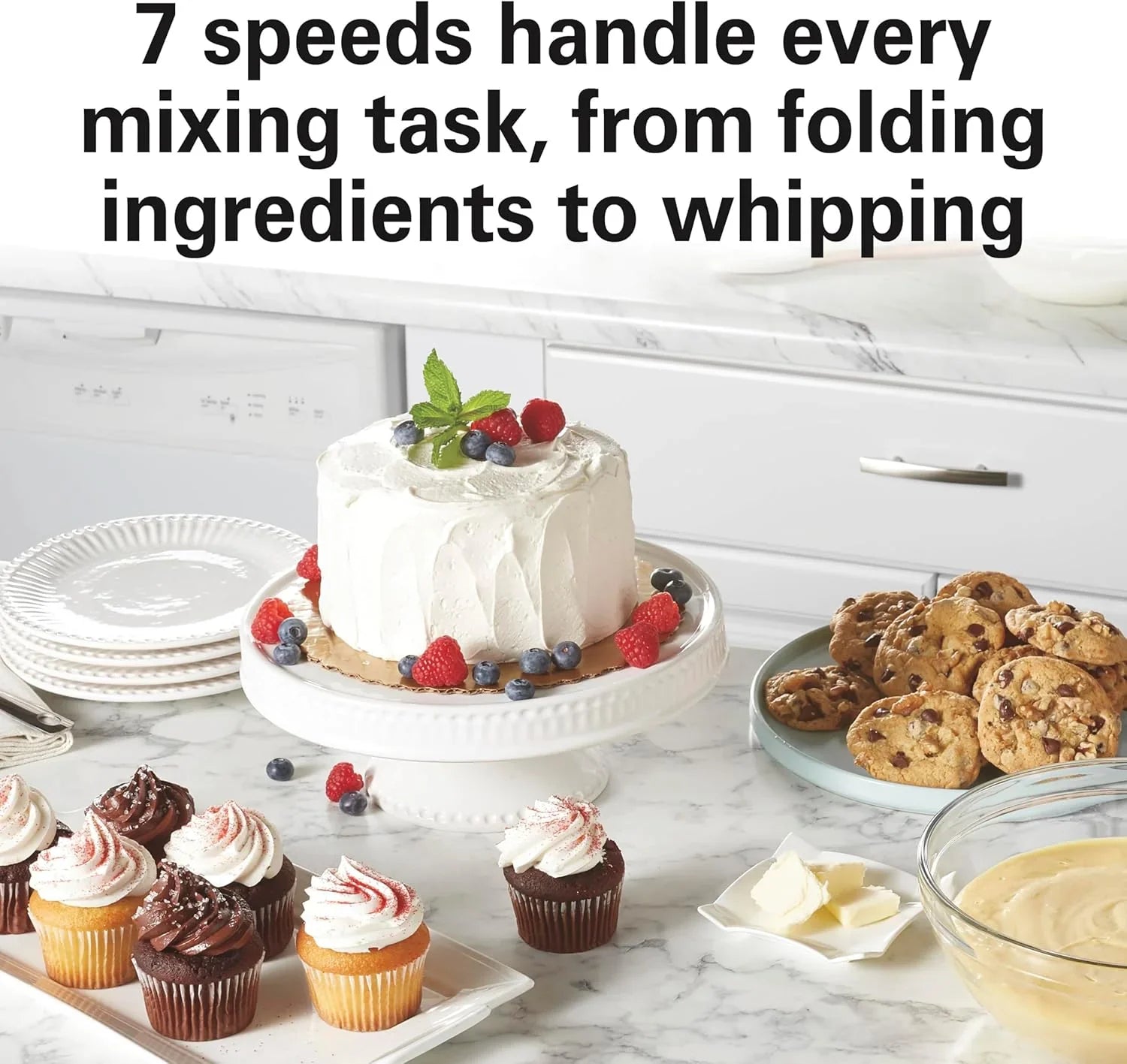 Batteur sur socle électrique Hamilton Beach, 4 litres, crochet pétrisseur, batteur plat, protection anti-éclaboussures, 7 vitesses avec fouet