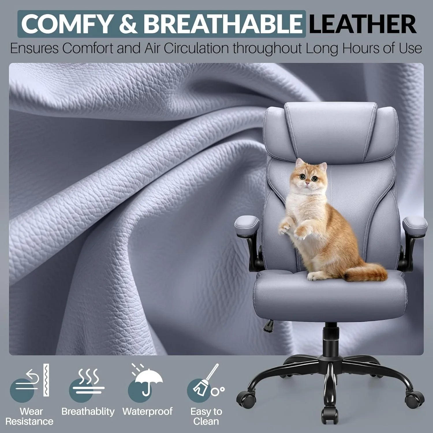 Chaise de bureau pivotante à pieds hauts, en cuir respirant, avec support lombaire