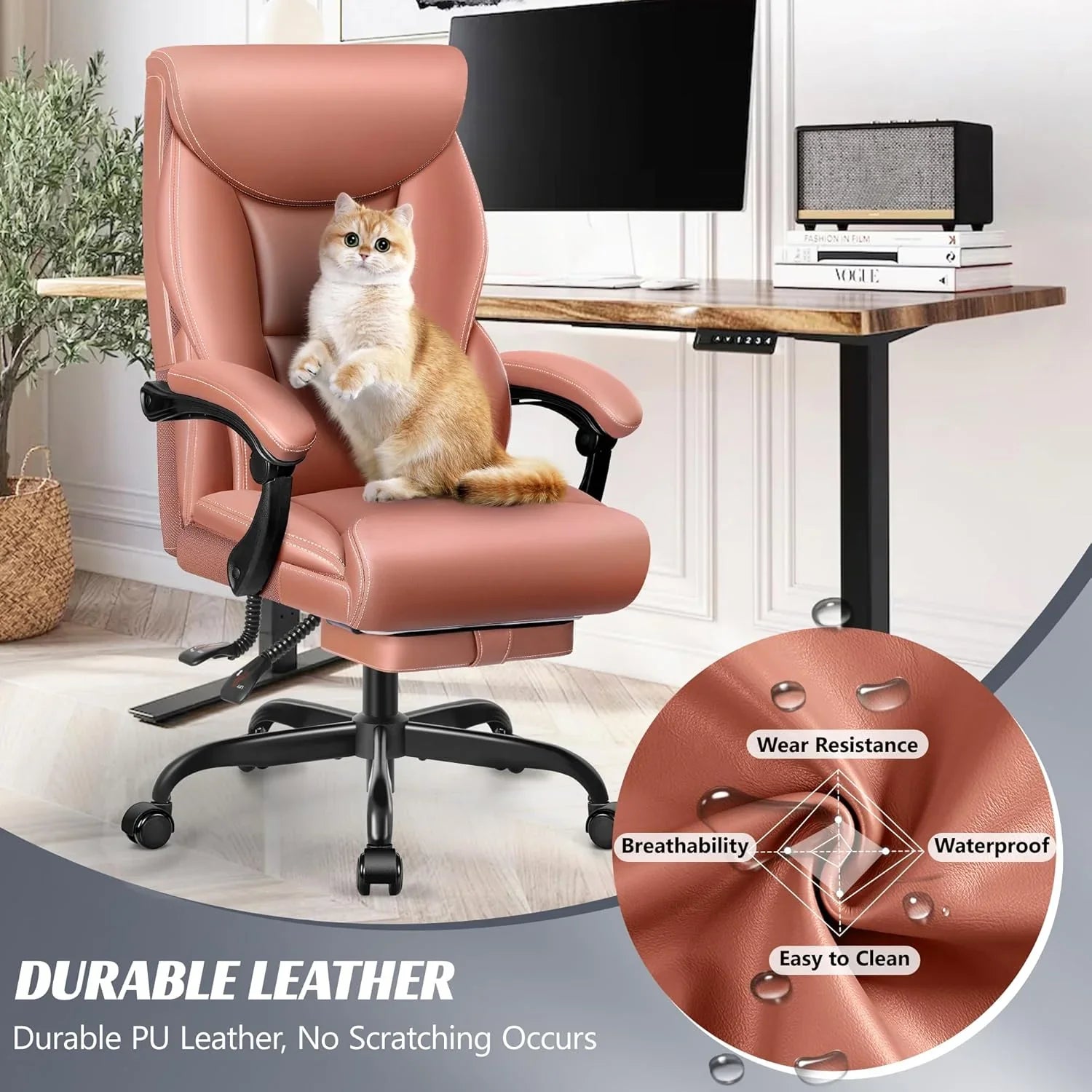 Chaise de bureau pivotante à pieds hauts, en cuir respirant, avec support lombaire