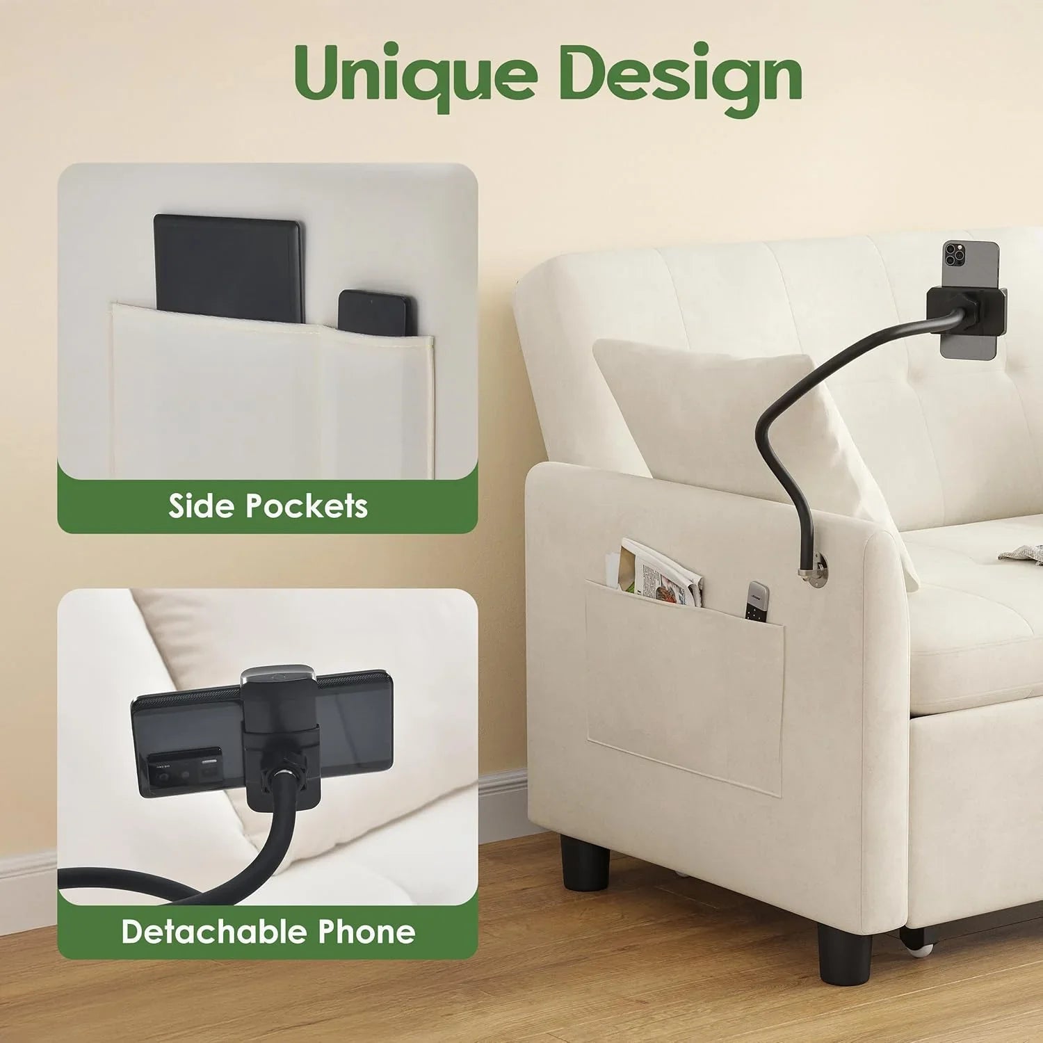 Canapé-lit convertible 3 en 1, convertible, gigogne, petit canapé causeuse, futon, pleine grandeur, causeuse en velours de 117 cm