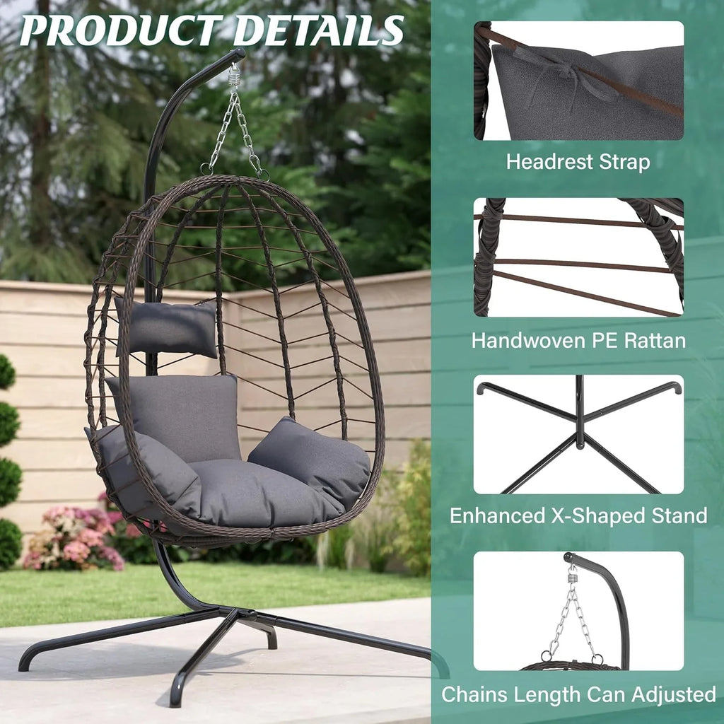 Chaise suspendue en forme d'œuf avec support, chaise pivotante pour extérieur et intérieur, chaise suspendue en osier pour patio