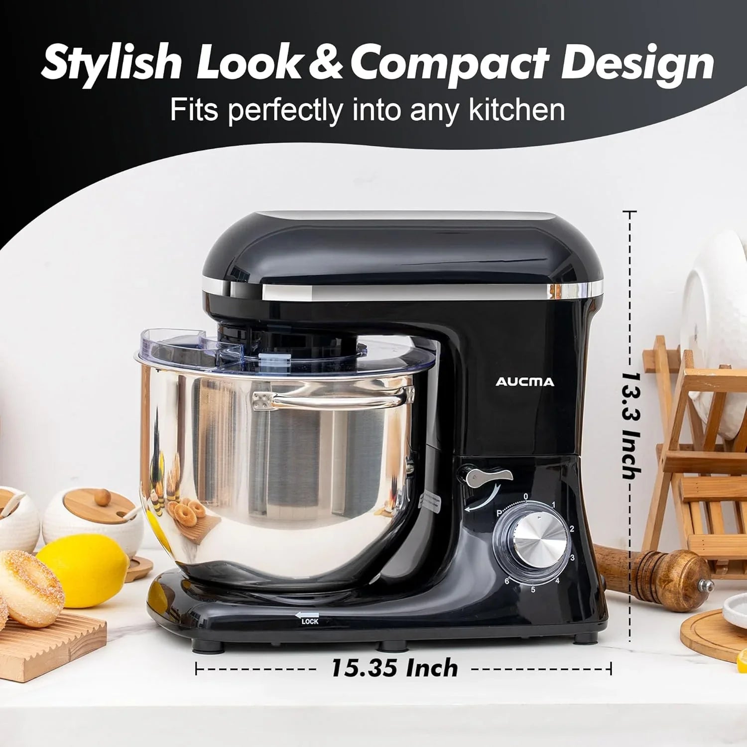 Batteur sur socle Aucma, 6,5 pintes, 660 W, 6 vitesses, tête inclinable, batteur électrique de cuisine avec crochet pétrisseur