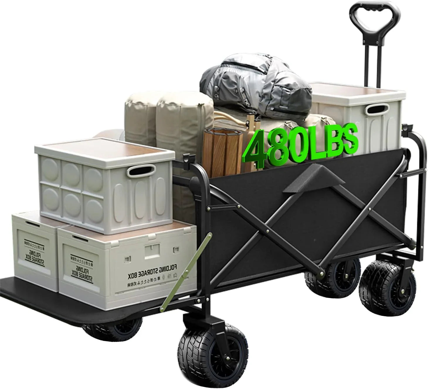 Chariot pliable à 4 roues, pliable, 37 pouces de long, capacité de 480 lb, chariot de plage robuste, chariot de courses avec roues