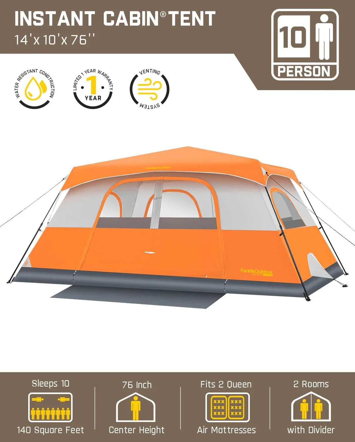 Tente de camping portable pour 4/6/8/10 personnes avec cabine instantanée et résistante à la pluie et au vent
