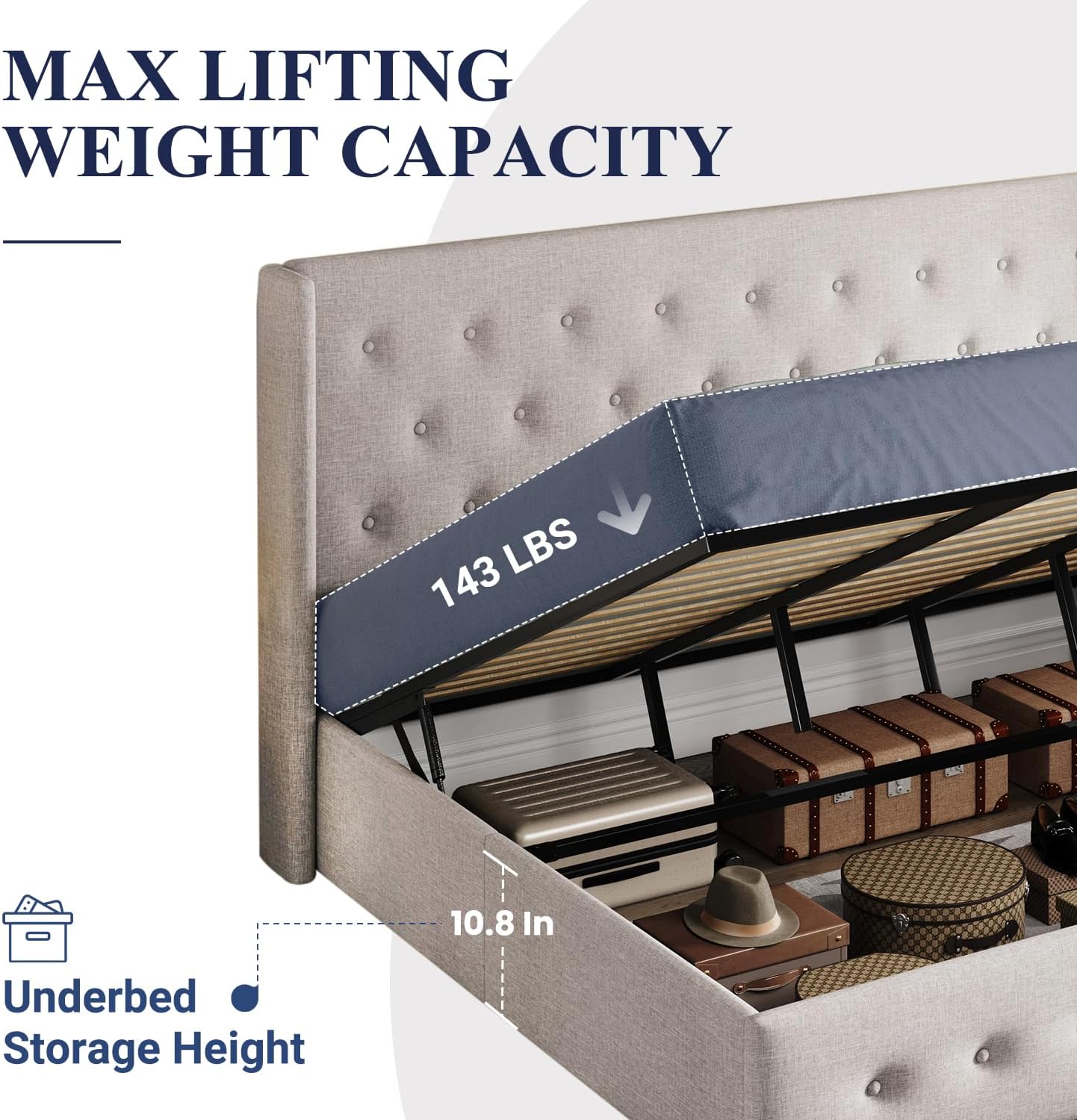 Lit queen-size relevable avec rangement Allewie, tête de lit à oreilles moderne et support hydraulique