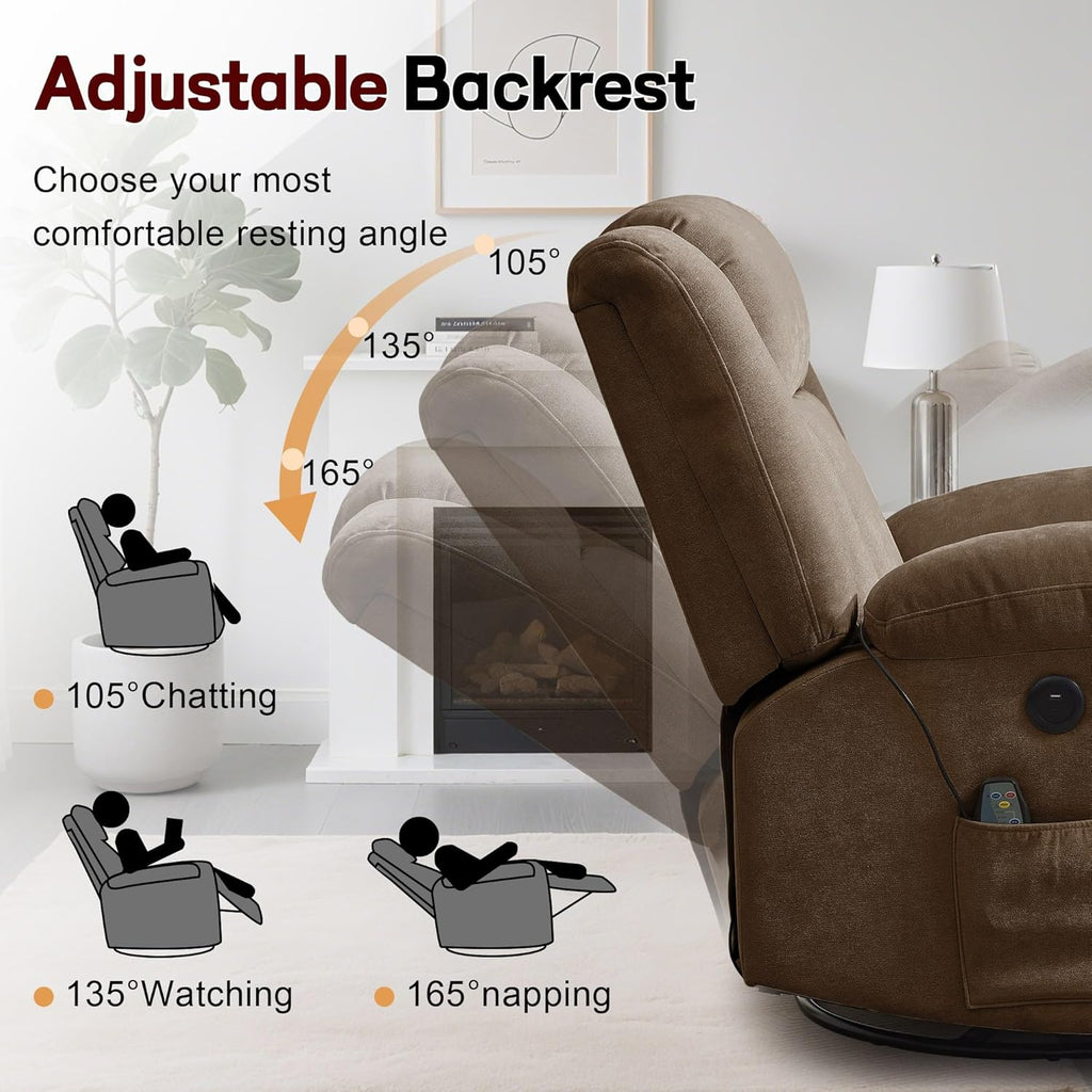 Fauteuil à bascule pour adulte, fauteuil inclinable coulissant, fauteuil à bascule rotatif à 360° avec fonction massage et chauffage