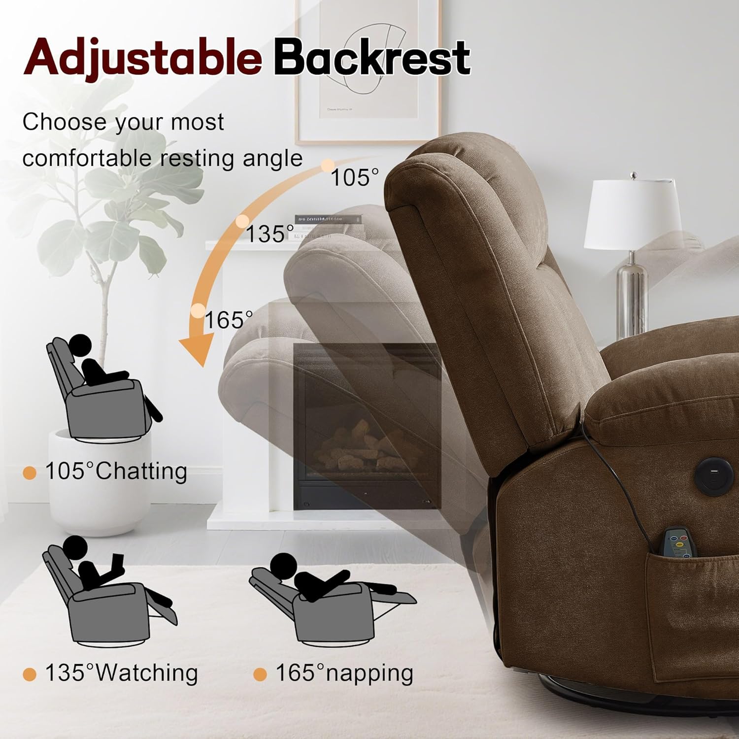 Fauteuil à bascule pour adulte, fauteuil inclinable coulissant, fauteuil à bascule rotatif à 360° avec fonction massage et chauffage