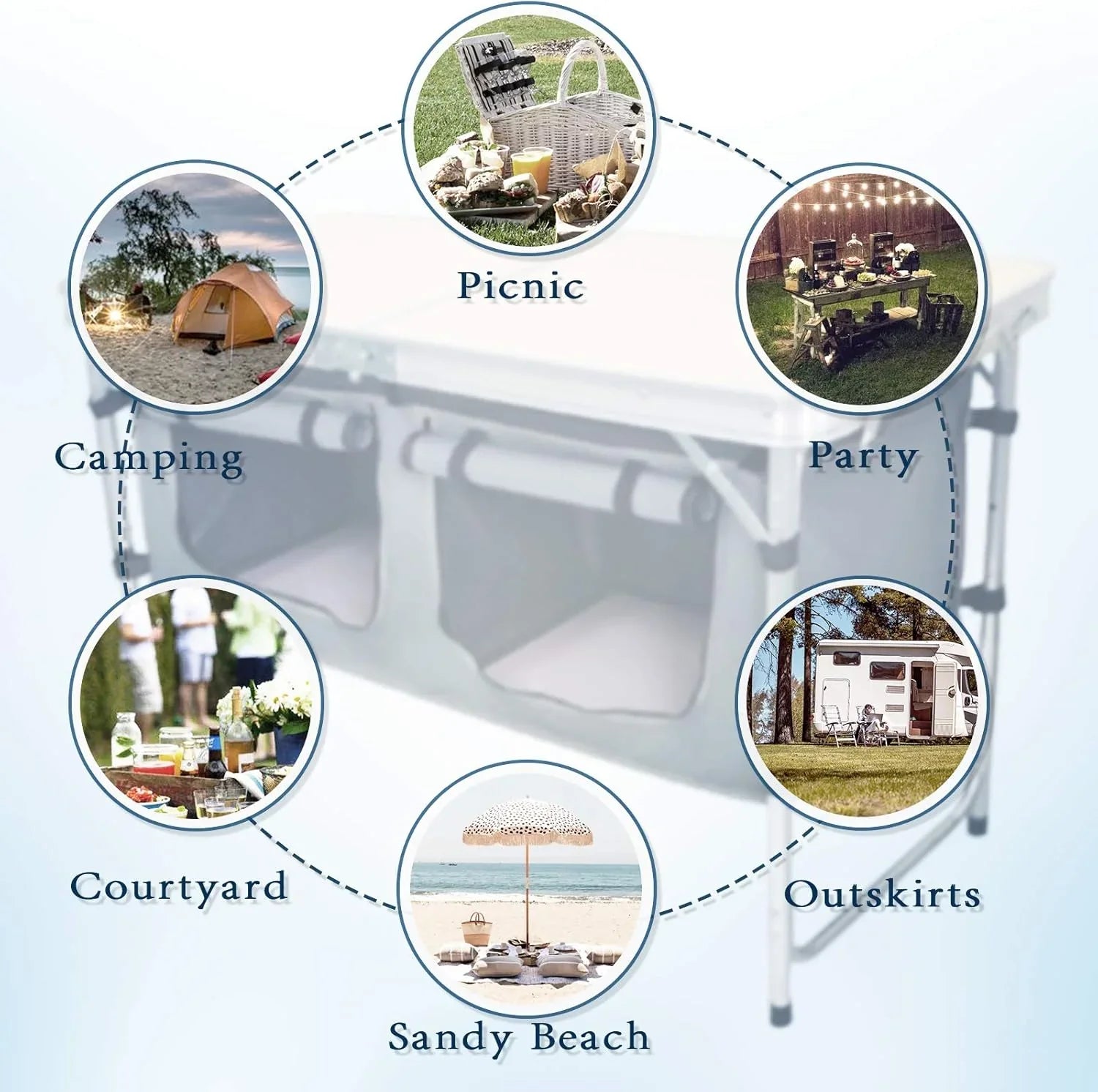 Table pliante d'extérieur en aluminium, légère, réglable en hauteur, avec rangement, pour barbecue, fête, camping