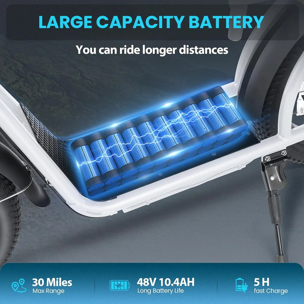 Trottinette électrique pliable Caroma Peak 800 W pour adulte avec pneus de 20 pouces de large, batterie 48 V, panier et siège réglable.