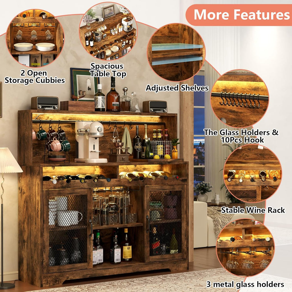 Bar à vin avec éclairage LED, meuble à liqueur avec porte-verres, bar à café pour liqueurs, buffet de rangement avec casiers à vin, armoire à vin