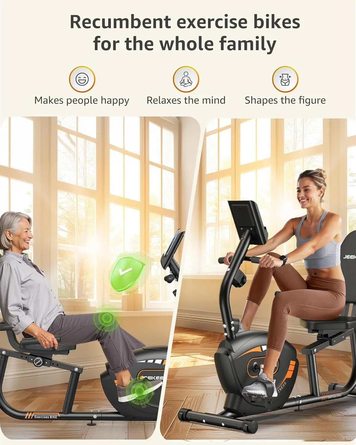 Vélo d'appartement couché JEEKEE pour adultes et seniors - Équipement de fitness magnétique d'intérieur