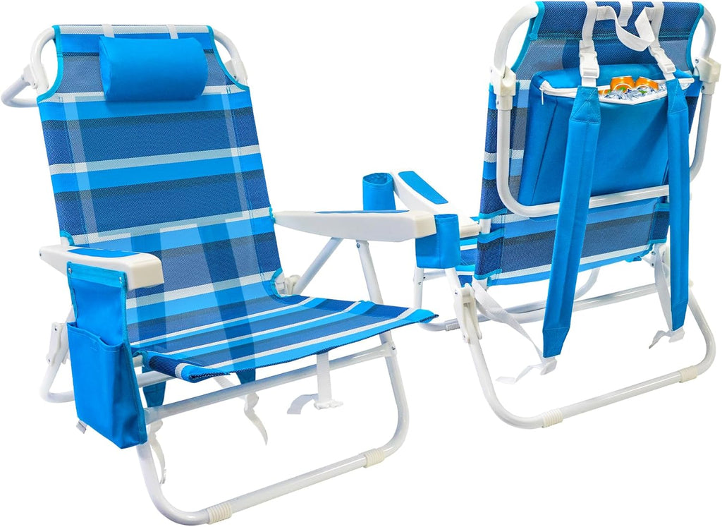 Lot de 2 chaises de plage pliantes à 5 positions avec sangles de sac à dos, sac isotherme et porte-gobelet