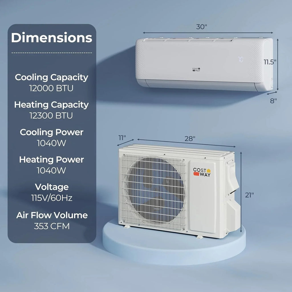 Climatiseur et chauffage mini-split Costway 12 000 BTU, 20 SEER2 115 V, unité de climatisation murale sans conduit, refroidit les pièces jusqu'à 750 pi²