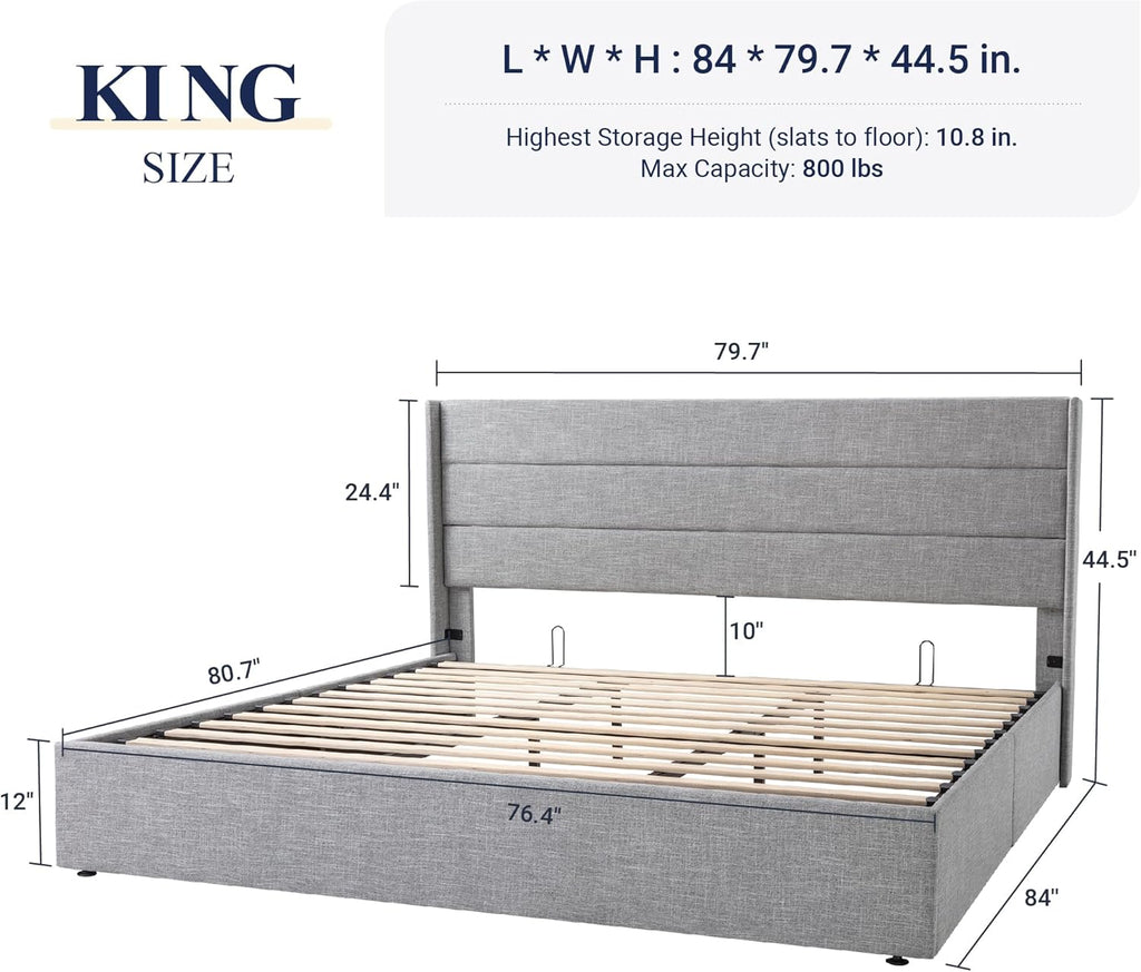 Lit queen-size relevable avec rangement Allewie, tête de lit à oreilles moderne et support hydraulique