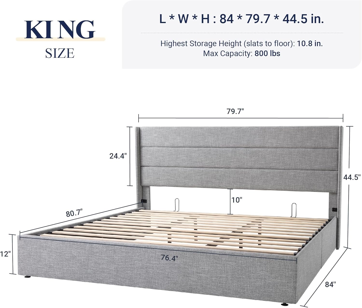 Lit queen-size relevable avec rangement Allewie, tête de lit à oreilles moderne et support hydraulique