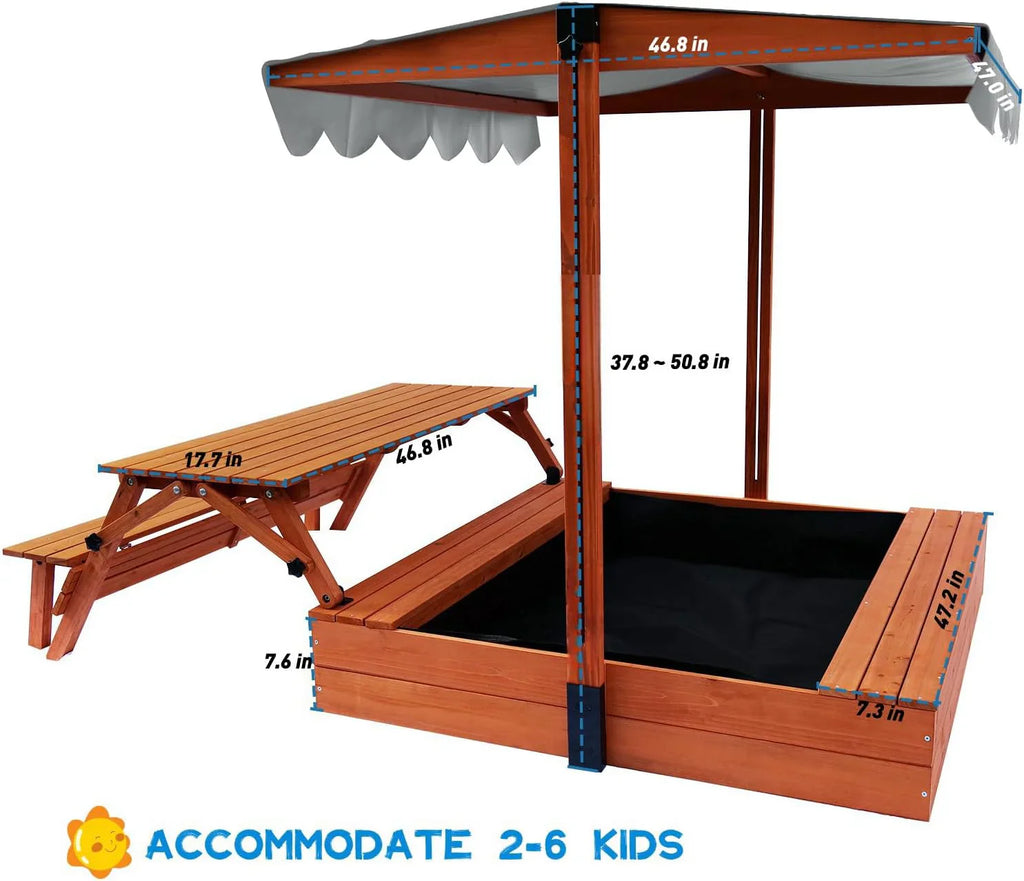 Bac à sable en bois pour enfants avec couvercle, bac à sable extérieur avec table de pique-nique, pliable
