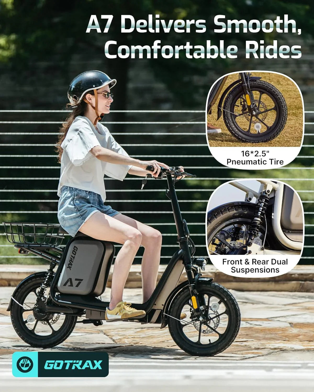 Trottinette électrique adulte Gotrax avec siège, autonomie maximale de 19 à 25 miles, pneus tout-terrain, pédales larges, siège rembourré et nacelle