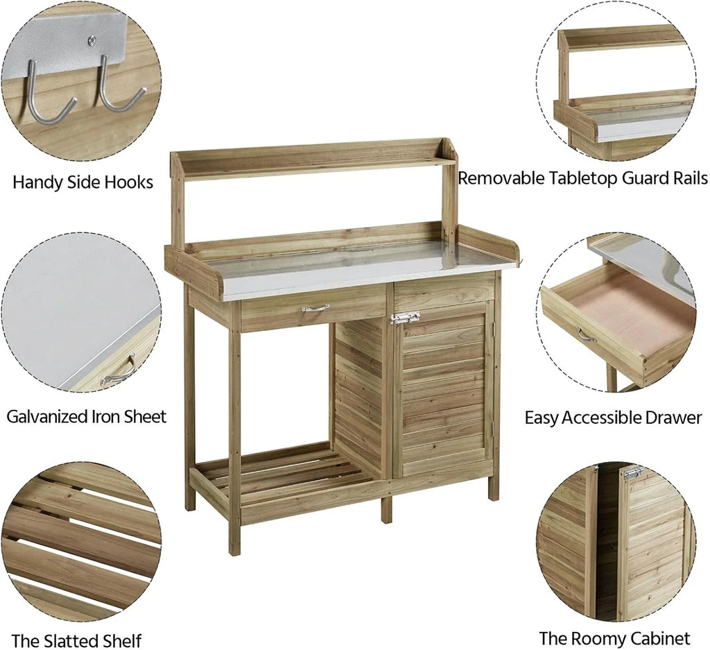 Yaheetech Banc de jardin extérieur avec plateau en métal et tiroir, étagère ouverte, bois naturel