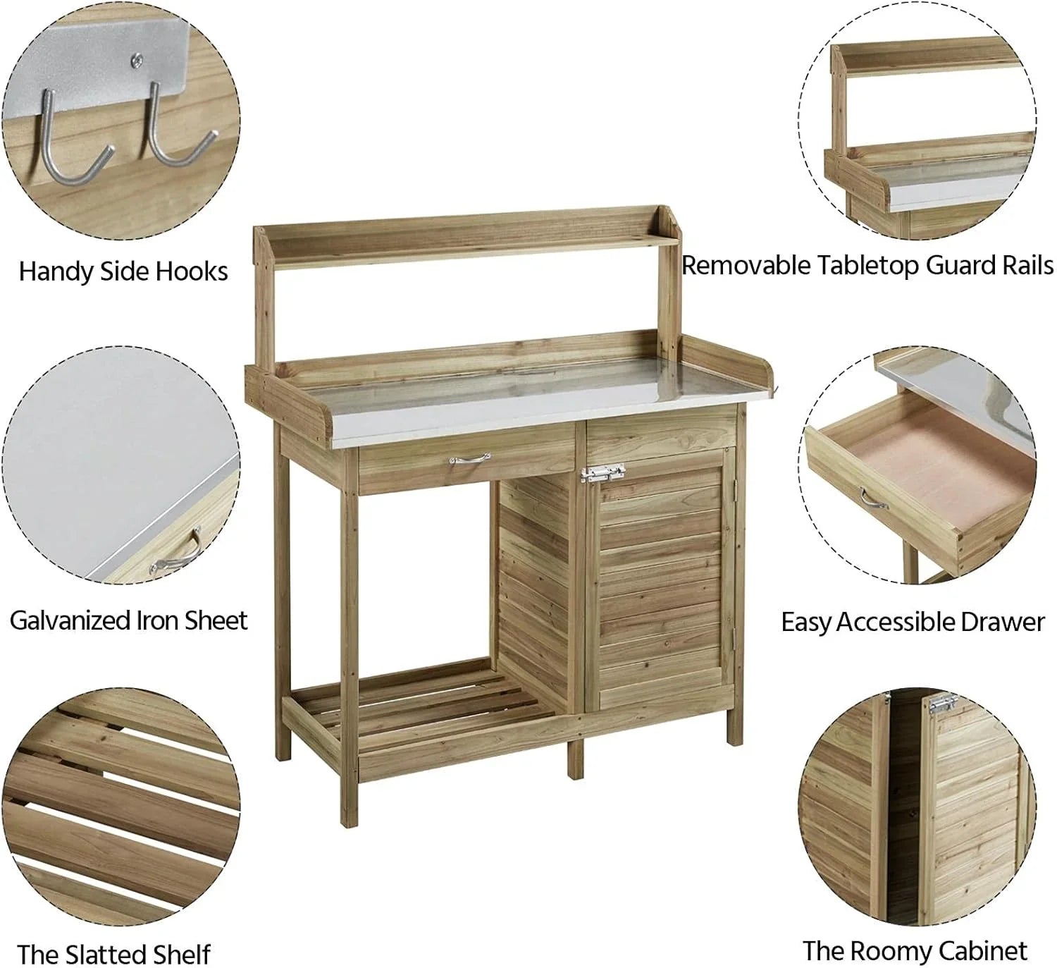 Yaheetech Banc de jardin extérieur avec plateau en métal et tiroir, étagère ouverte, bois naturel