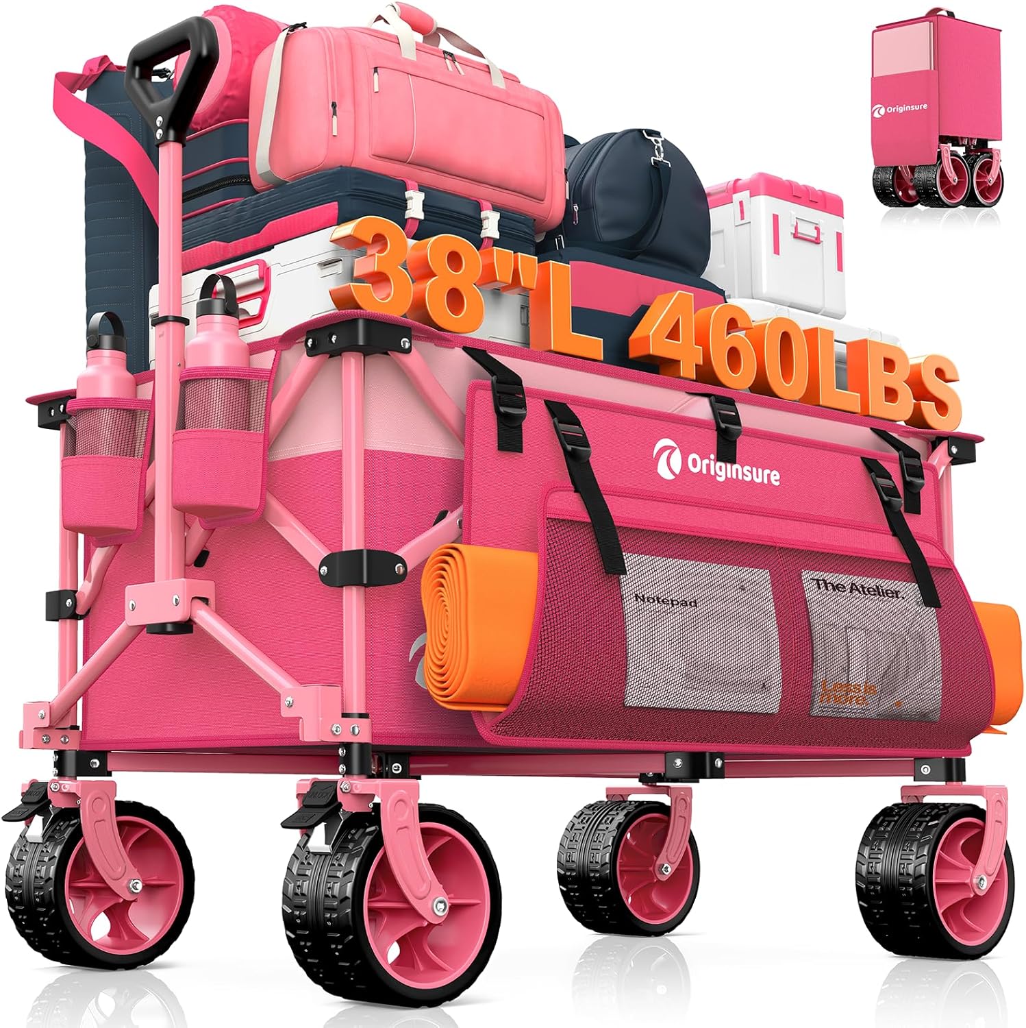 Poussette pliable à quatre roues de 96 cm de long, pliable, capacité de 200 kg, poussette de plage pliable robuste de 220 litres avec de grands pneus tout-terrain