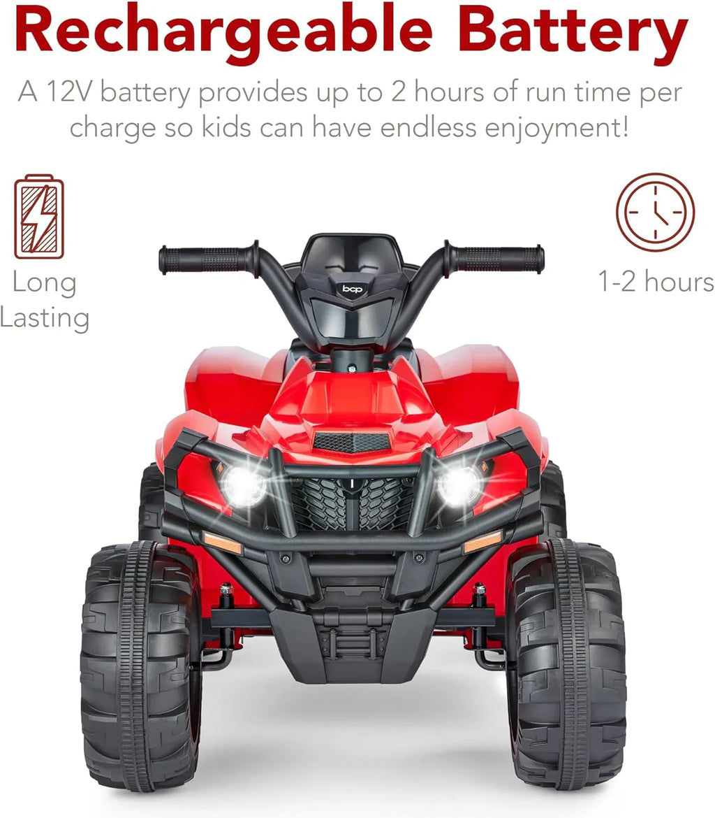 Véhicule tout-terrain électrique 12 V pour enfants, quad à 4 roues avec audio Bluetooth, vitesse maximale de 2,4 mph, pneus à crampons, phares à LED et radio.