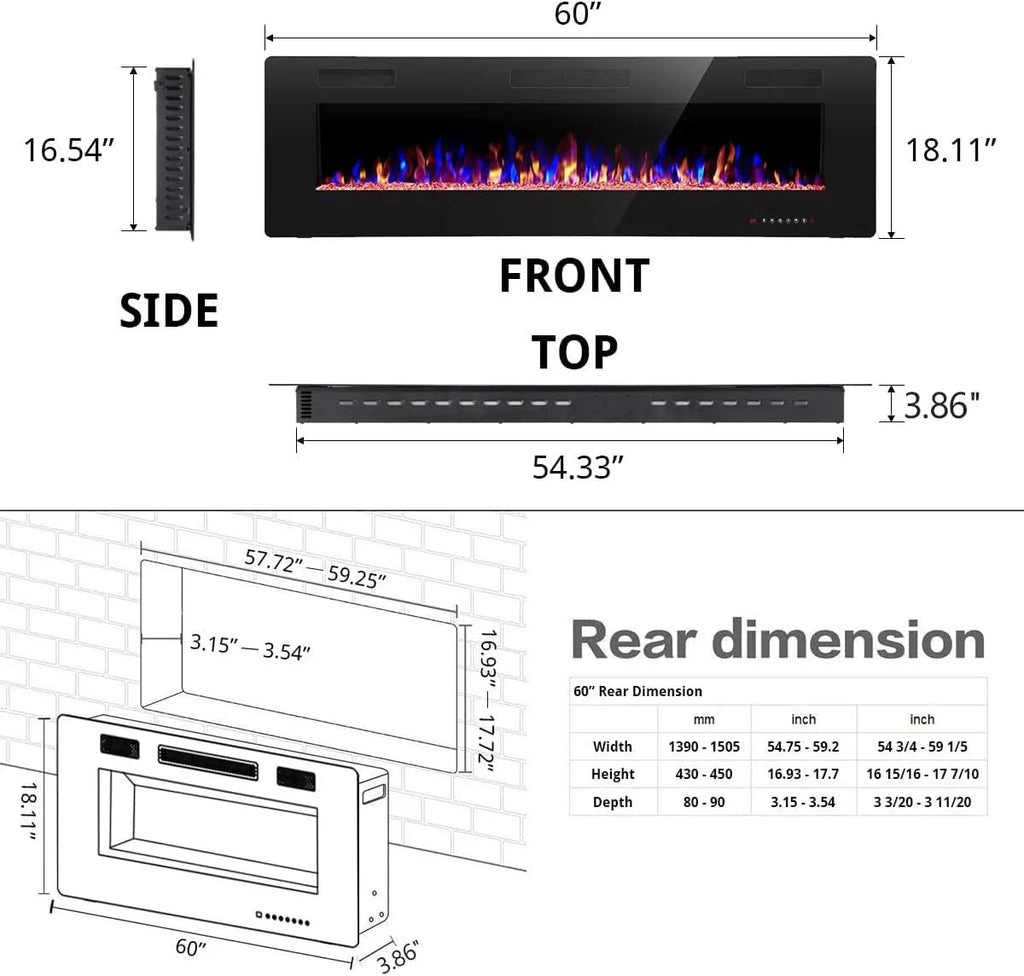 Cheminée électrique encastrée et murale R.W.FLAME 60 po, silencieuse, compatible avec les montants de 2 x 6 po, télécommande avec minuterie, écran tactile, couleur et vitesse de flamme réglables, 750-1500 W