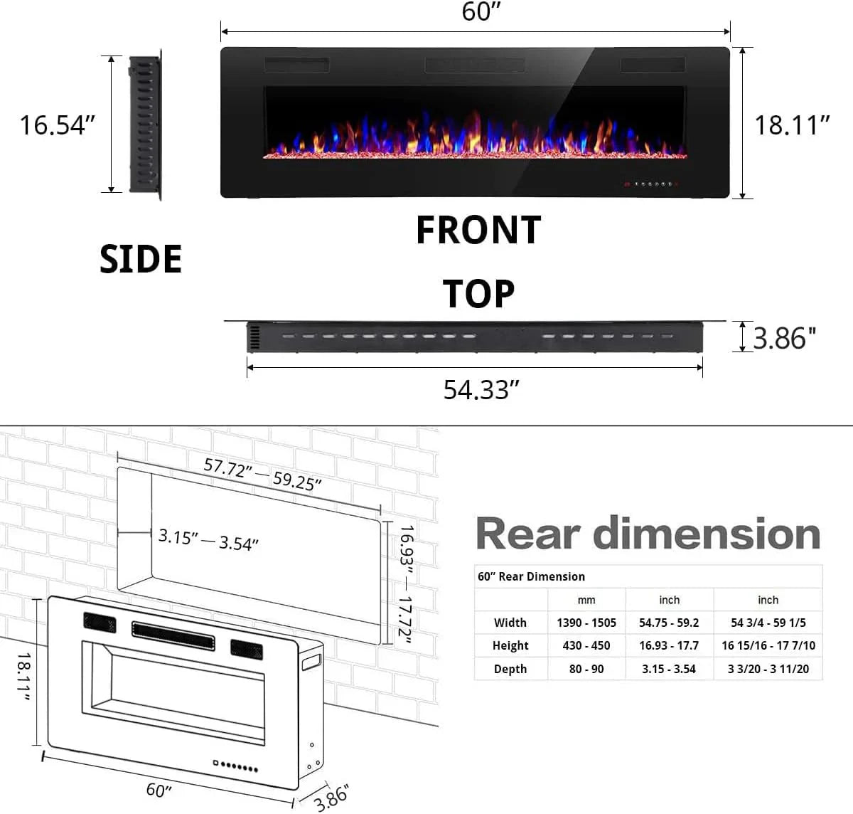 Cheminée électrique encastrée et murale R.W.FLAME 60 po, silencieuse, compatible avec les montants de 2 x 6 po, télécommande avec minuterie, écran tactile, couleur et vitesse de flamme réglables, 750-1500 W